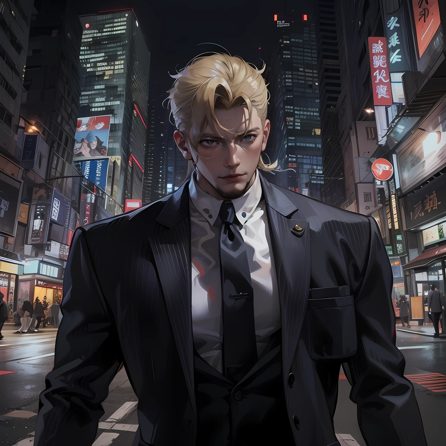 a blond、Short-haired man、190cm tall、musculature、Large body、Musculoskeletal augmentation々、Americana、Mafioso、Strong surface、Black Suit、white shirt、neck tie、Leather shoes、Hong Kong at night、pistol、Underworld、Yakuza