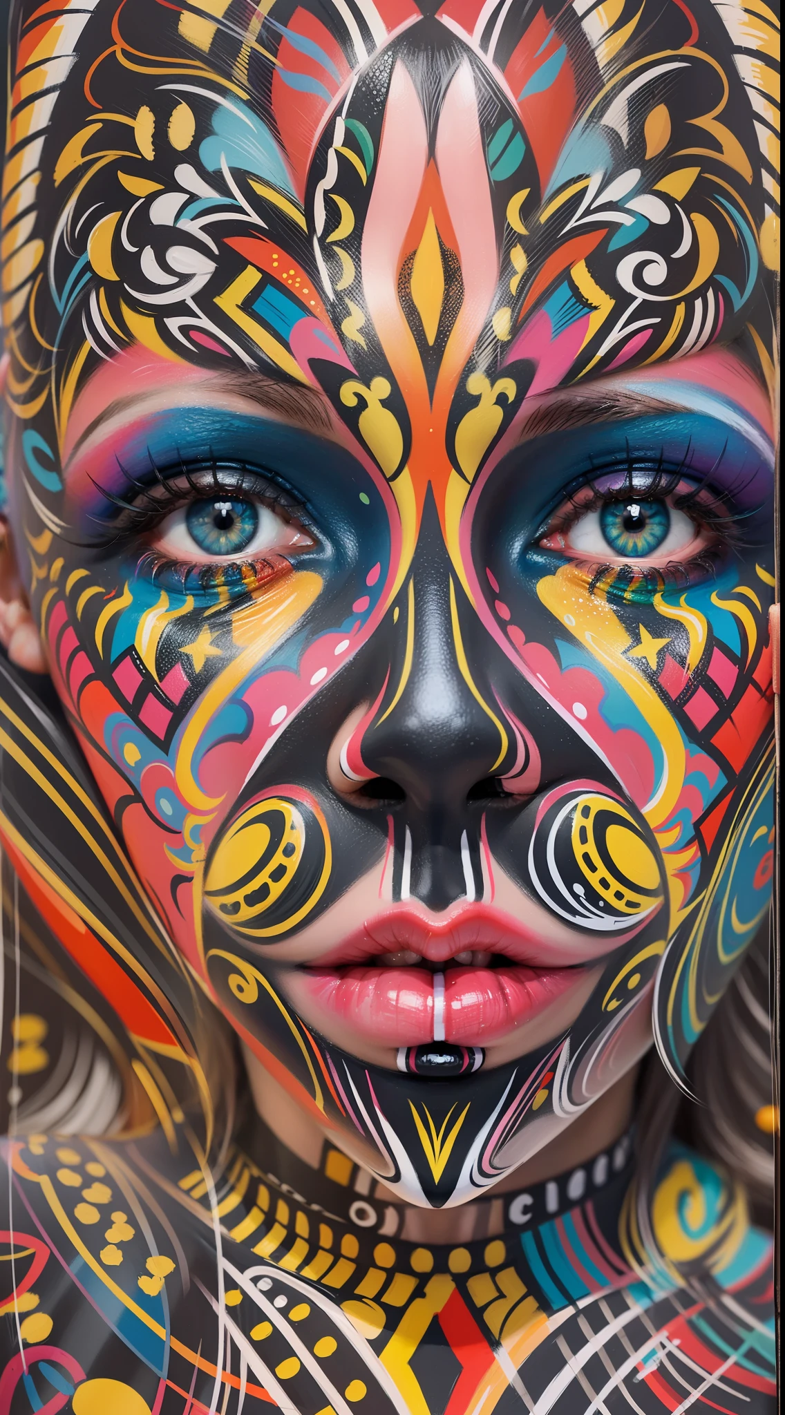 a close up of a woman with a colorful face paint, vector art by derek zabrocki, trending on cg society, digital art, creative colorfull - makeup, creative makeup, symmetrical painted face, painted face, pop art look, elaborate patterned makeup, painted look, abstract face, multicolored faces, symmetrical vogue face portrait, face paint