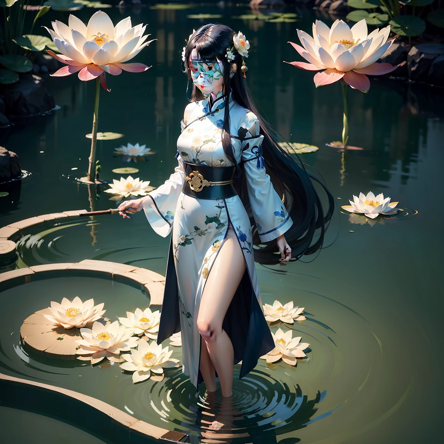((4k,masterpiece,best quality)), shuimobysim, Traditional chinese painting, lotuses, Hanfu, maxiskit, Dressed revealing，1girl, solo, blue long hair, ssmile, Beautiful face，standing on your feet, Feet in the water, The barefoot,