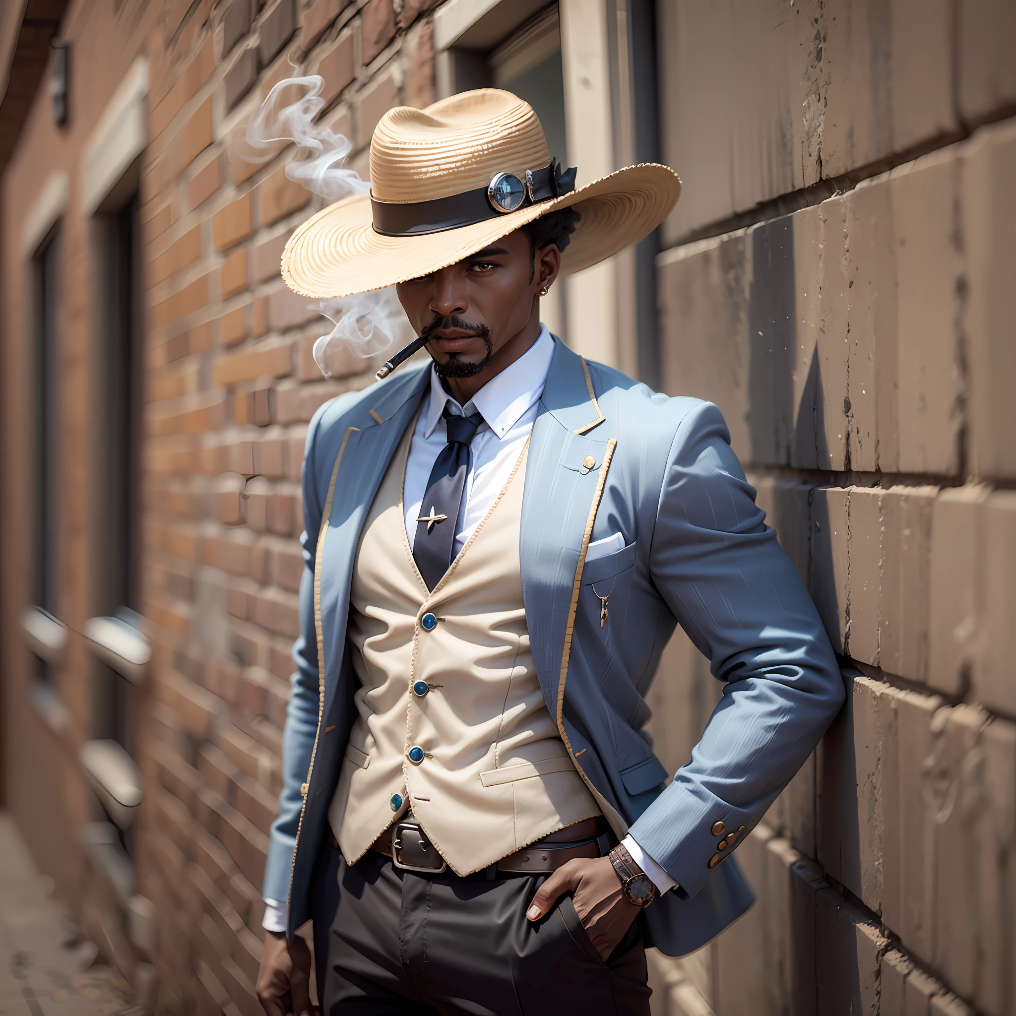 here is a man in a white Panama hat, com uma tira vermelha e gravata rubra em uma plataforma de madeira, com um cinzeiro no topo, Antique piece, homem negro, cinzeiro, Alquimista Steampunk Africano, charuto, inspired by Ceferí Olivé, Figura de argila 3D, estatueta, a suited man in a hat, enquanto fuma um charuto, com charuto, charuto para fumar --auto --s2
