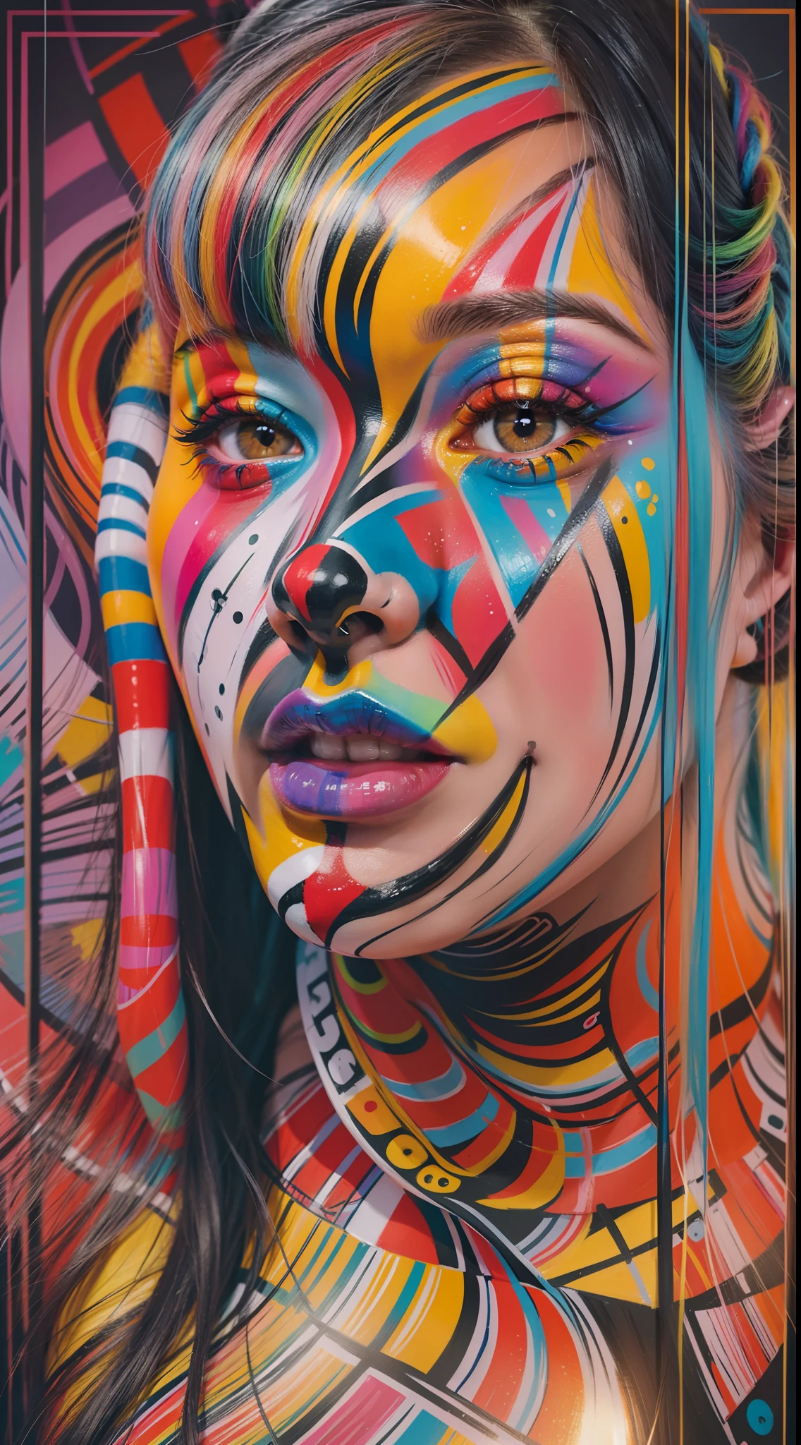 a close up of a woman with a colorful face paint, vector art by derek zabrocki, trending on cg society, digital art, creative colorfull - makeup, creative makeup, symmetrical painted face, painted face, pop art look, elaborate patterned makeup, painted look, abstract face, multicolored faces, symmetrical vogue face portrait, face paint