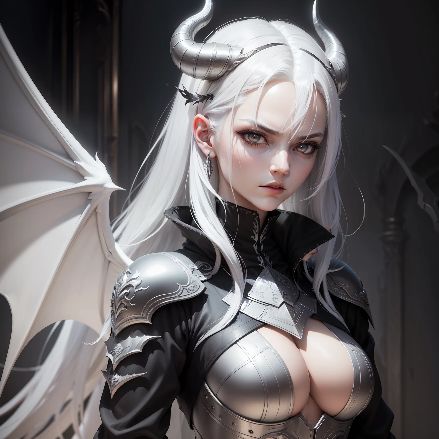 Tall girl with white hair and silver eyes, Dark clothing, A lot of silver, Dragon's Tail, wings, The horns are full of silver scales, serious face, Silver Fire, in full height