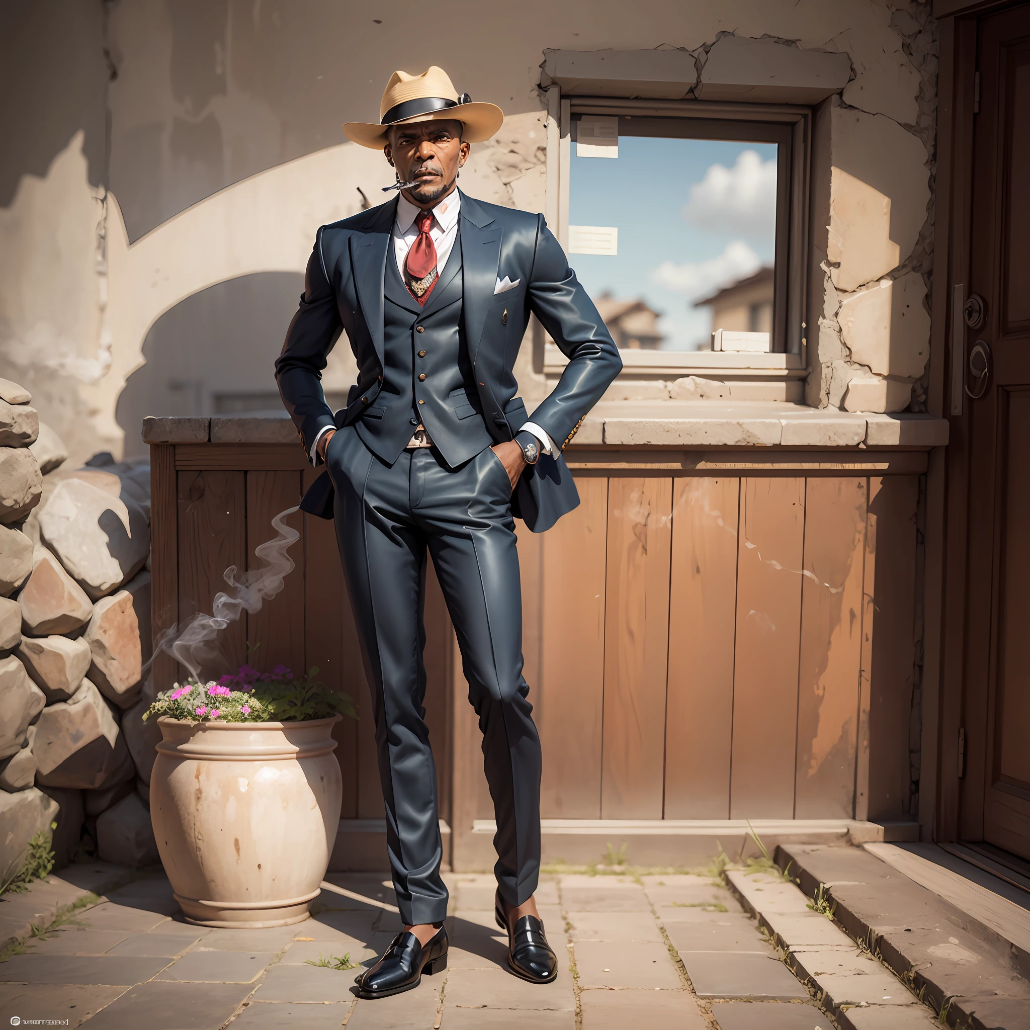 here is a man in a white Panama hat, com uma tira vermelha e gravata rubra em uma plataforma de madeira, com um cinzeiro no topo, Antique piece, homem negro, cinzeiro, Alquimista Steampunk Africano, charuto, inspired by Ceferí Olivé, Figura de argila 3D, estatueta, a suited man in a hat, enquanto fuma um charuto, com charuto, charuto para fumar --auto --s2
