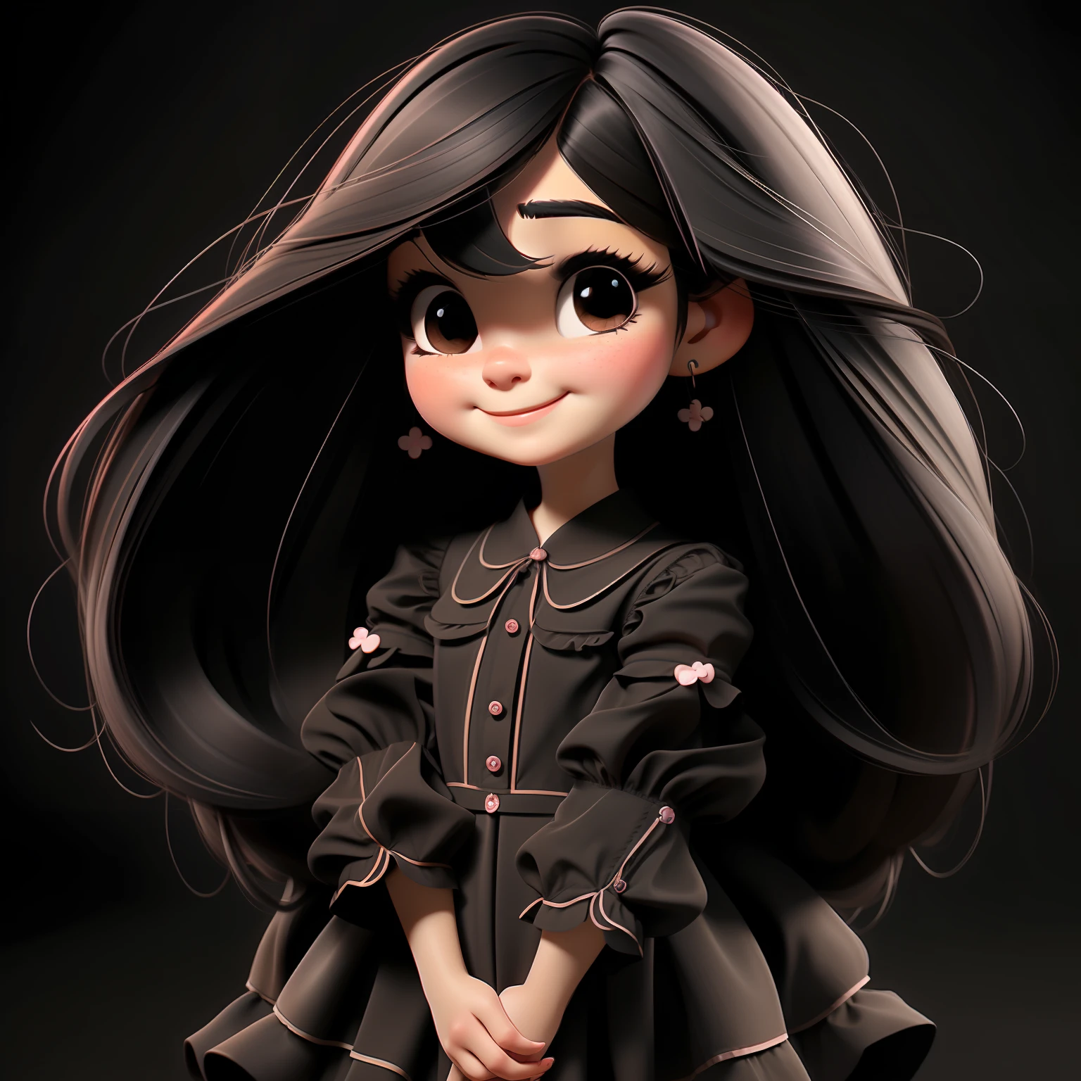 1girl, solo, long hair, BLACK eyes, black hair, smile, earrings, pajamas , short sleeves, jewelry, puffy sleeves, looking at viewer, dress, puffy short sleeves, upper body, simple background, BROWN dress, black background, blush, lips