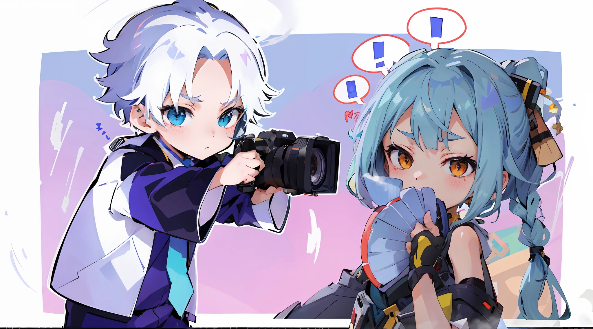 anime characters with camera taking picture of each other, 2 d anime style, ig studios anime style, anime style mixed with fujifilm, shooting pose, trigger anime artstyle, 📷 mungojerrie and rumpleteazer, high quality fanart, 2 d anime, pointing at the camera, anime moe artstyle, anime art style, stylized anime, (((look at each others)))