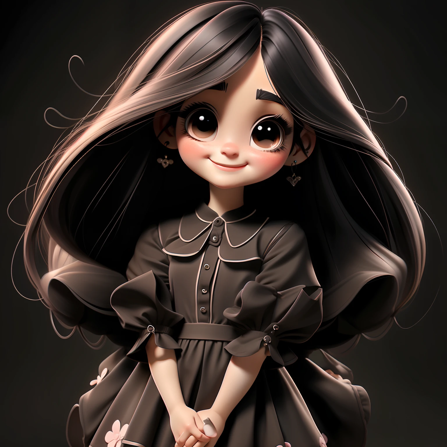 1girl, solo, long hair, BLACK eyes, black hair, smile, earrings, pajamas , short sleeves, jewelry, puffy sleeves, looking at viewer, dress, puffy short sleeves, upper body, simple background, BROWN dress, black background, blush, lips