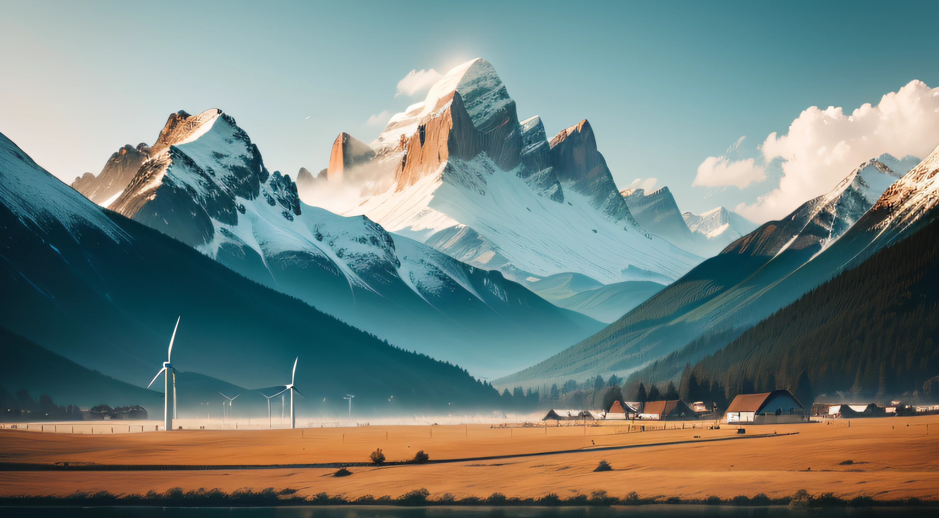 "Wind turbines standing tall amidst majestic mountains."