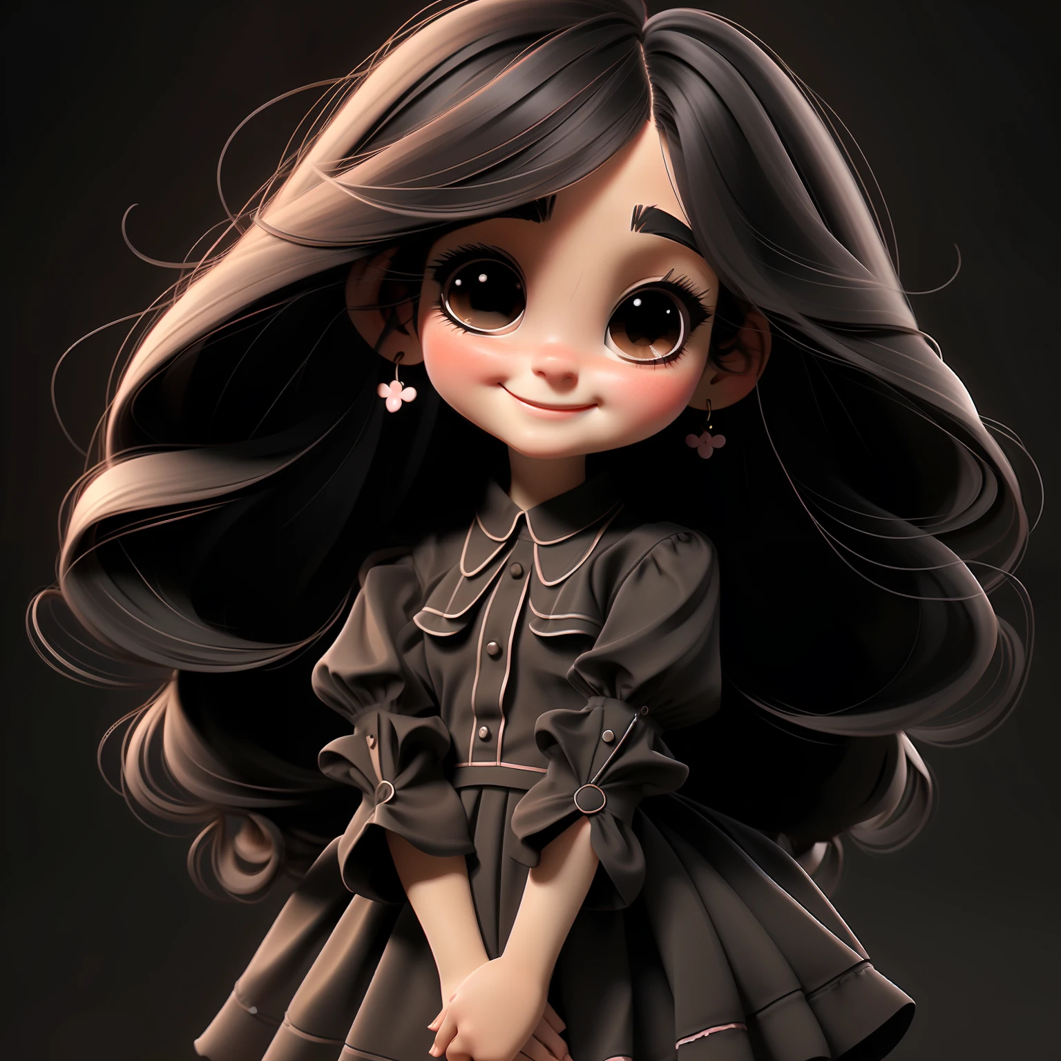 1girl, solo, long hair, BLACK eyes, black hair, smile, earrings, pajamas , short sleeves, jewelry, puffy sleeves, looking at viewer, dress, puffy short sleeves, upper body, simple background, BROWN dress, black background, blush, lips