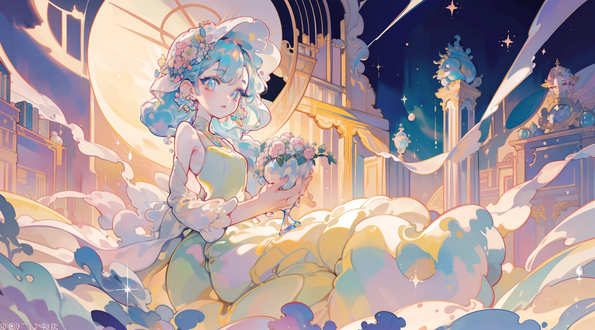 masterpiece, best quality, 8k resolution, sharp focus, intricate detail, beautiful girl, sparkling eyes, golden ratio face, otherworldly liquid, watercolor, ((pastel colors)), bright colors, whimsical, colorful, sharp focus, high resolution, fine detail, ((layered ballgown)), iridescent bubbles