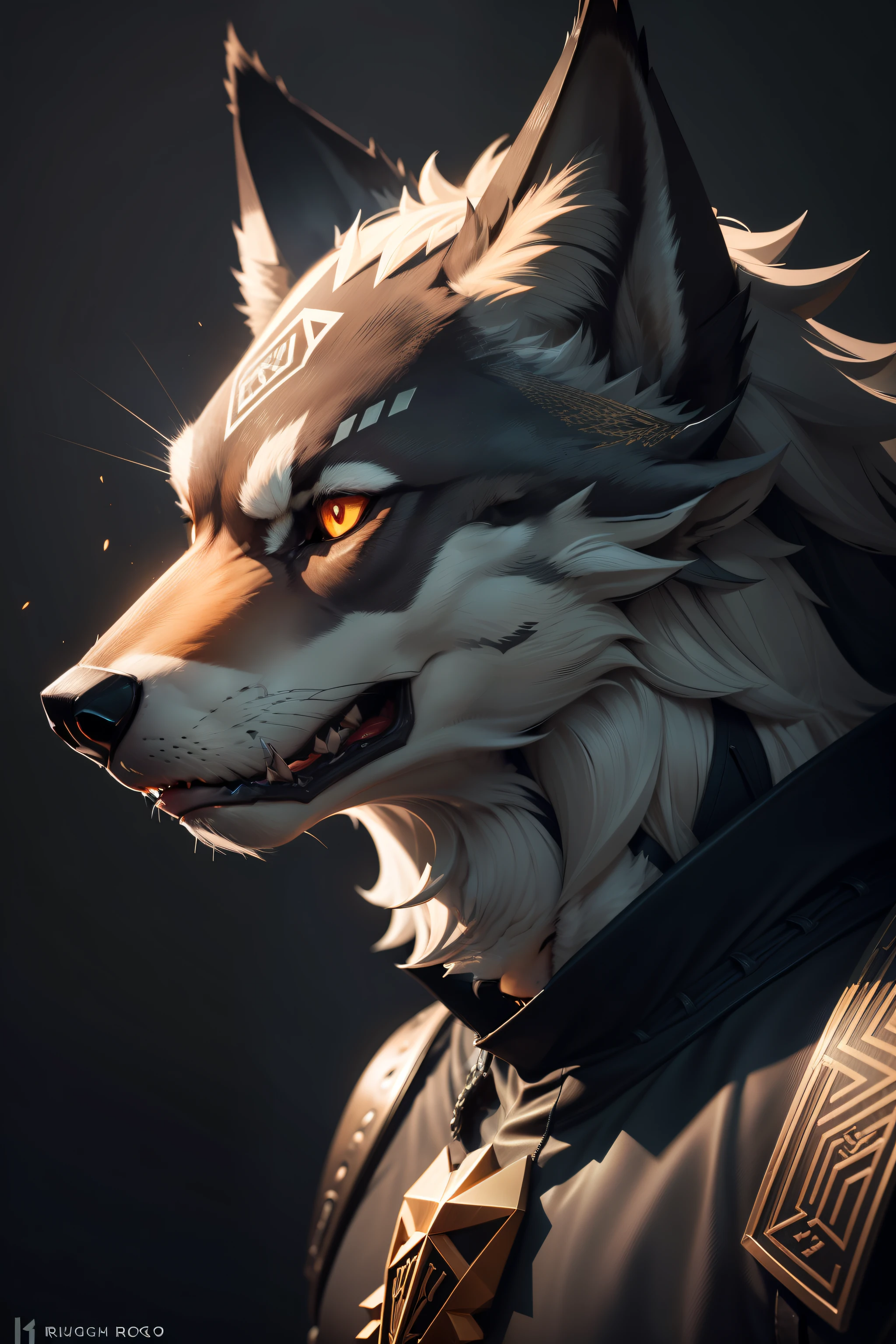 A fierce-looking wolf head in profile, with sharp, dynamic lines and intricate detailing. “Hugo RR” is written in bold, metallic 3D letters below the wolf’s snout, giving it a gamer vibe.