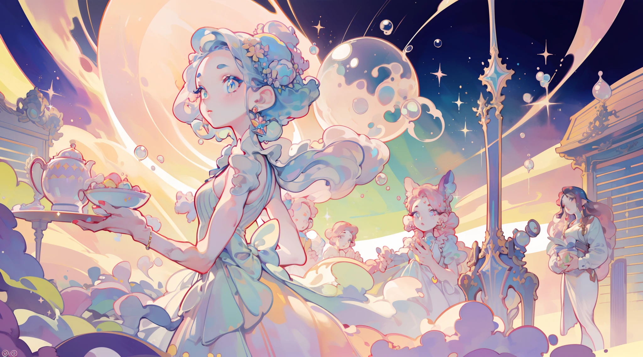 masterpiece, best quality, 8k resolution, sharp focus, intricate detail, beautiful girl, sparkling eyes, golden ratio face, otherworldly liquid, watercolor, ((pastel colors)), bright colors, whimsical, colorful, sharp focus, high resolution, fine detail, ((layered ballgown)), iridescent bubbles