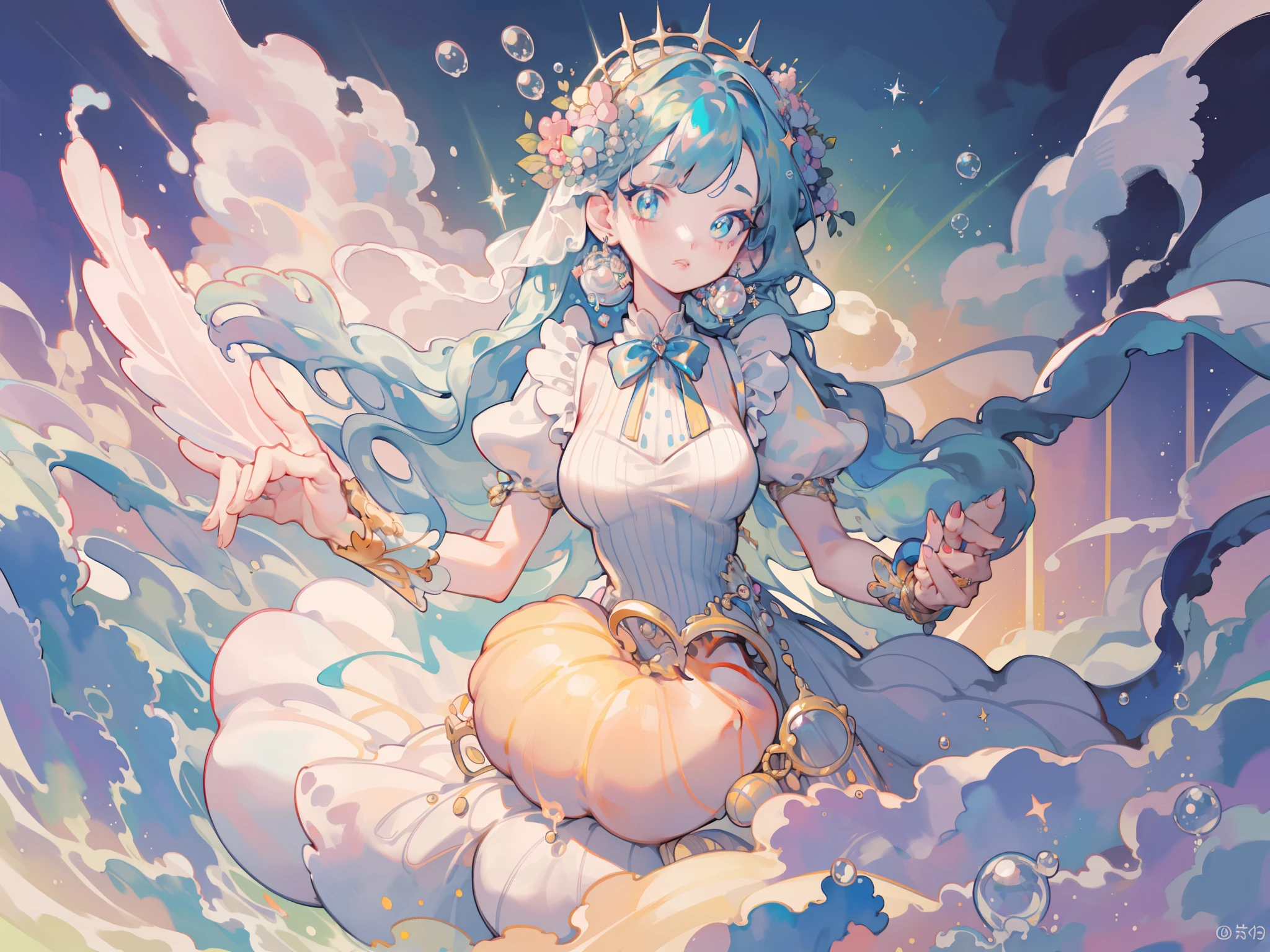 masterpiece, best quality, 8k resolution, sharp focus, intricate detail, beautiful girl, sparkling eyes, golden ratio face, otherworldly liquid, watercolor, ((pastel colors)), bright colors, whimsical, colorful, sharp focus, high resolution, fine detail, ((layered ballgown)), iridescent bubbles