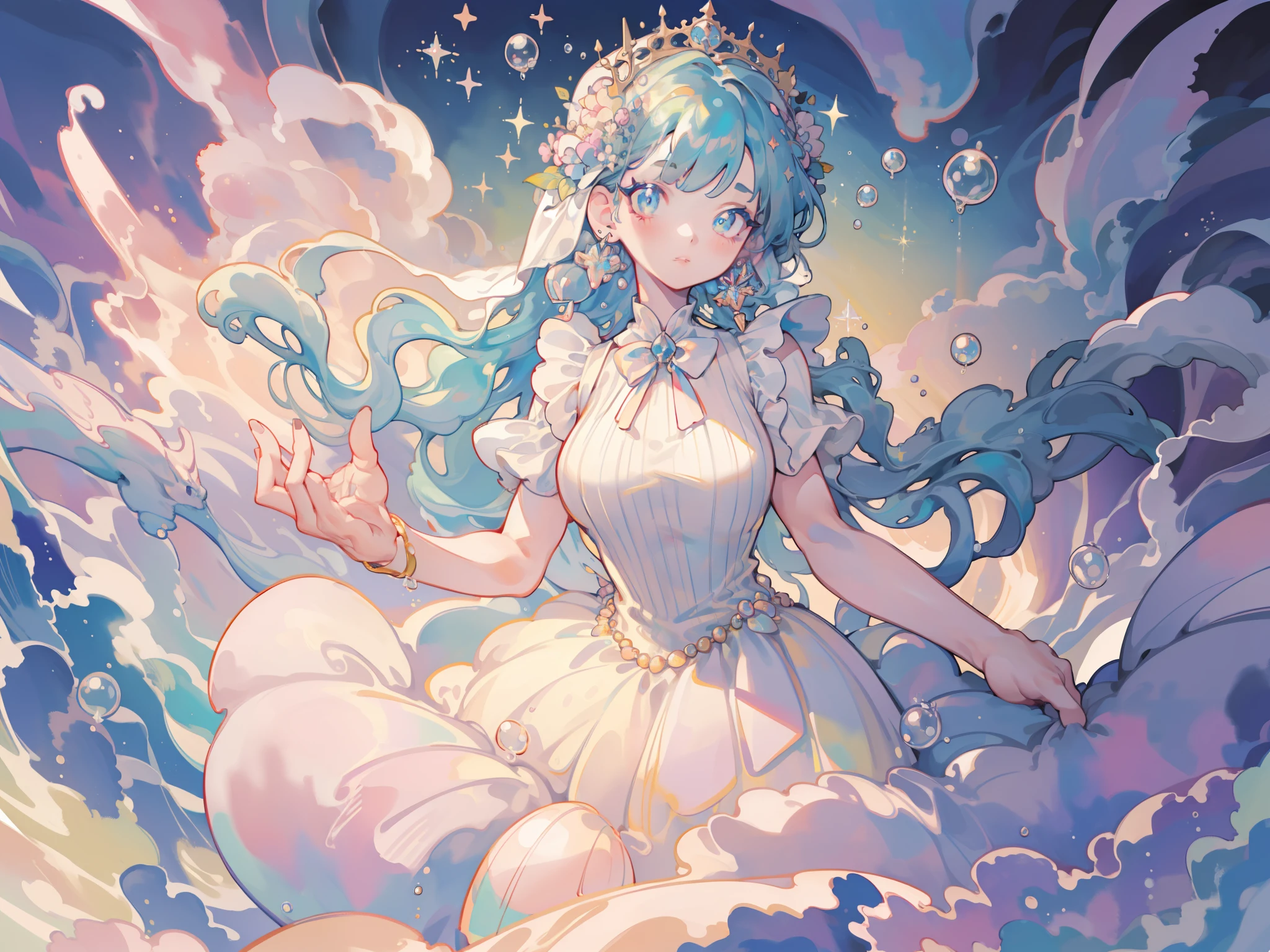 masterpiece, best quality, 8k resolution, sharp focus, intricate detail, beautiful girl, sparkling eyes, golden ratio face, otherworldly liquid, watercolor, ((pastel colors)), bright colors, whimsical, colorful, sharp focus, high resolution, fine detail, ((layered ballgown)), iridescent bubbles
