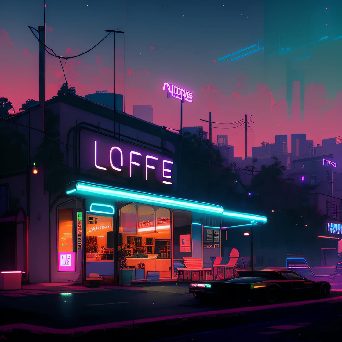 arafed image of a café with a neon sign, Elogio Artstyle, Arte Lofi, cores ZERO, arte Lo-fi, Lo - fi, Lo-fi, ZERO vibrations, vibe ZERO, lo - cores finas, ZERO, lofi aesthetic, Lo fi cores, lo fi, Artem Demura Beeple