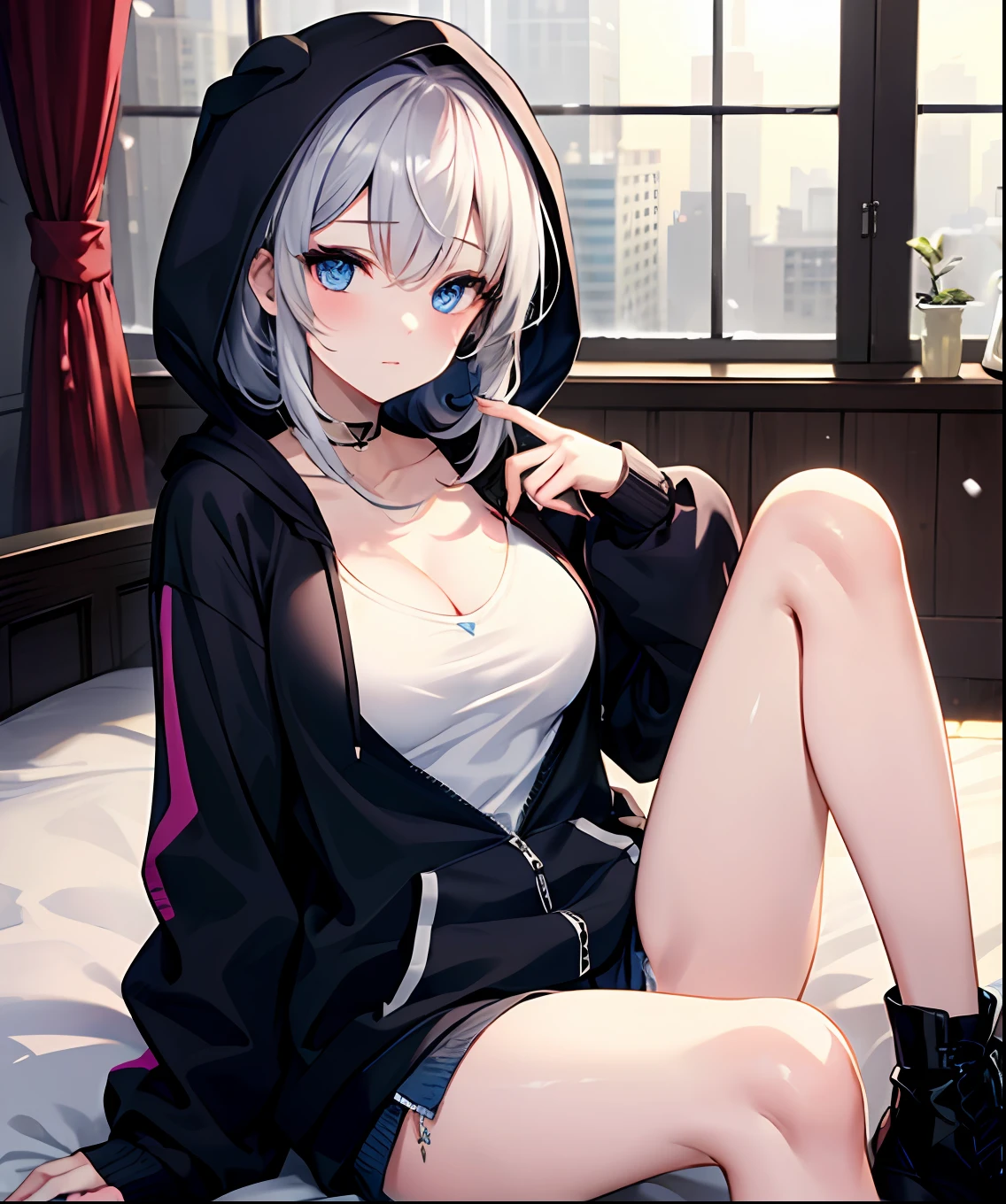 (masterpiece、top-quality)、独奏、1womanl,the tips of the hair are blue、White skin as clear as snow,Western-style room、Bedroom、Open legs,Small breasts, Silver hair, Blue eyes, Beautiful eyes, Girl, Ecstasy, charmed, be smitten with audience, Hoodie, Hoodie with open front, Naked Hoodie, cleavage, breasts visible、teats、bent