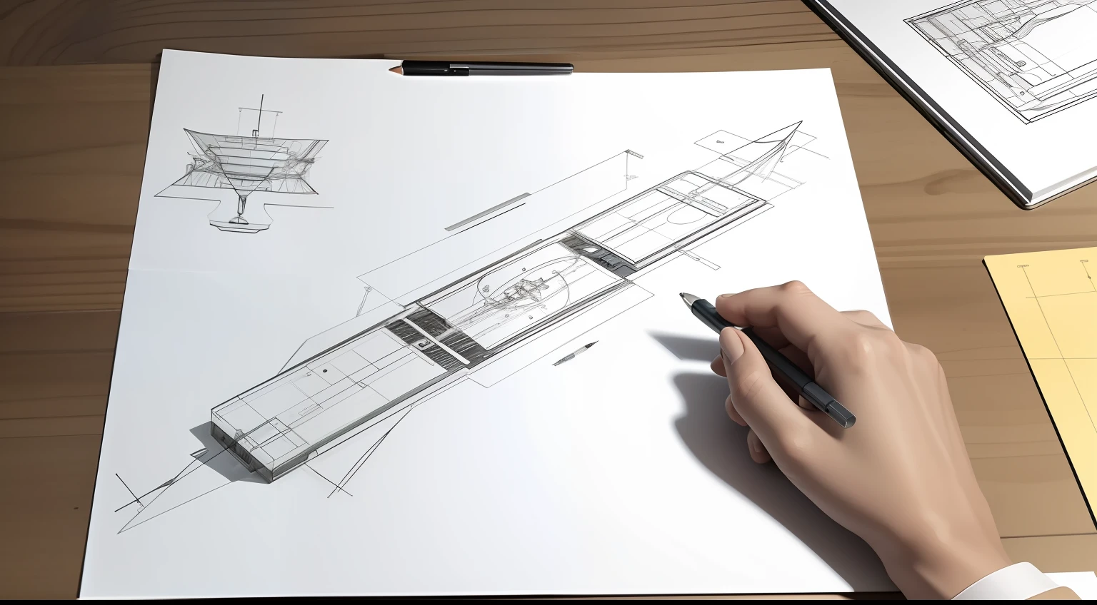 On the table are anti-gravity device design drawings, design drawings should have a sense of science fiction, and the drawings should be clear