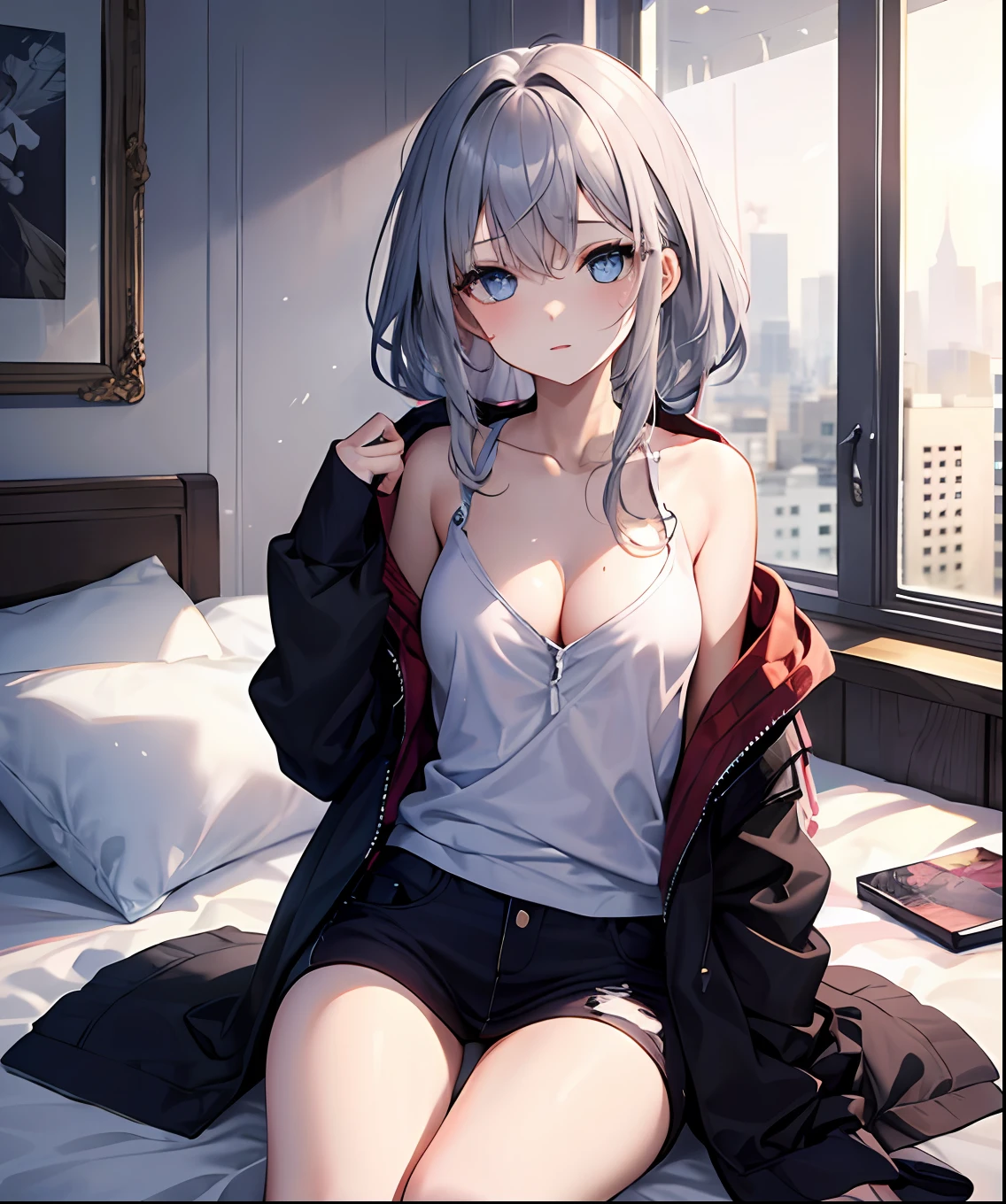 (​masterpiece、top-quality)、独奏、1womanl,the tips of the hair are blue、White skin as clear as snow,Western-style room、Bedroom、Open legs,Small breasts, Silver hair, Blue eyes, Beautiful eyes, Teen Girl, Ecstasy, charmed, be smitten with audience, Hoodie, Hoodie with open front, Naked Hoodie, cleavage, breasts visible、teats、bent