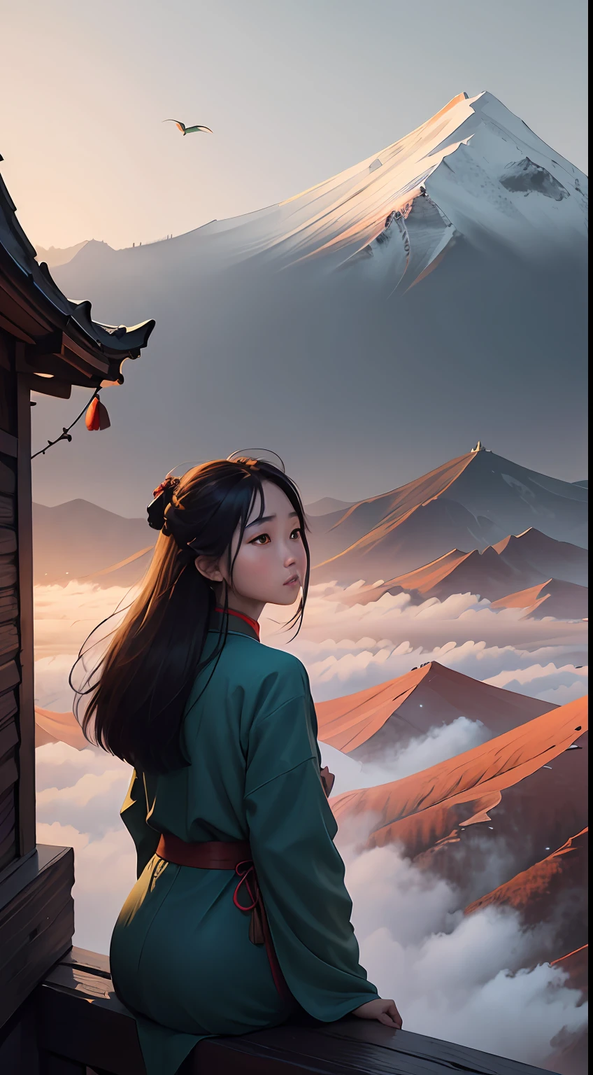 Even with a red face, There are thousands of disasters,
It is difficult to quench the sorrow of the king's heart,
The peak of Qingfeng Mountain outside the mountain,
The sunset is silent,The starry night never sleeps,
A glimpse of hallucinations,
The end of a song is a mixture of sadness and joy,
Between sunsets and days outside,
Plum blossoms are quiet and independent, and spring is cold。(Outdoor view:1.5),A young woman in ancient China stands sideways,Dressed in blue ancient costume,中景 the scene is,vale,rios,blue-sky,Flying birds,Falling leaves,The setting sun shines through the clouds,Mountains stretch in the distance,at winter season,(Very detailed perfect face description)。(tmasterpiece),(Best picture quality),(Very detailed and uniform picture),(8k wallpaper),(Chinese folk style painting),(Watercolor style painting),(light and shadow effect),Obvious image hierarchy,realisticlying,Inspired by::Song《Empty Valley Orchid》,Ray rendition