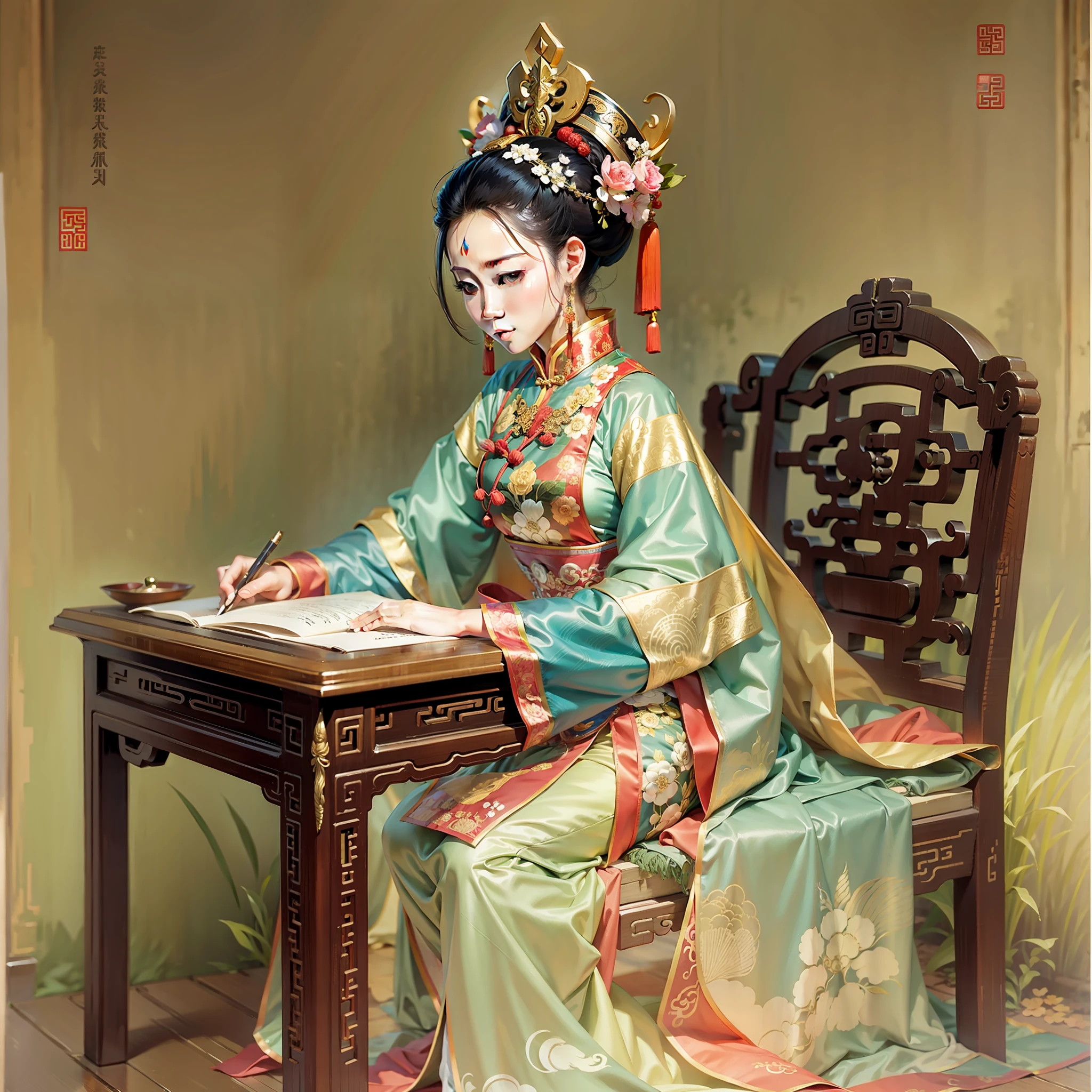Princess Taiping,chinese ancient costume,sit on chair,Writing