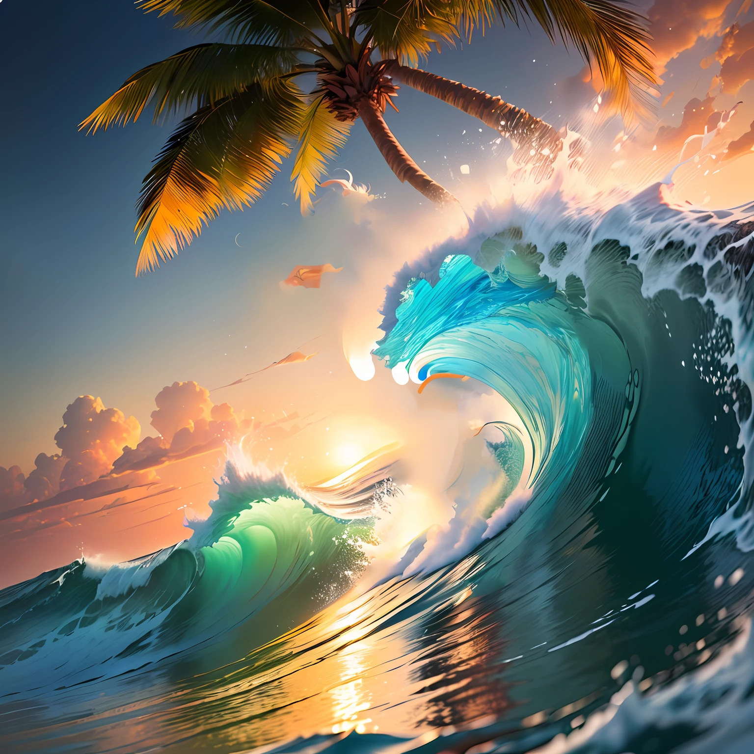 "Obra maestra, excelente calidad, estilo detallado y realista, imagen en 8k, Stunning illustration. Retratar una ola completa y majestuosa. Enfatizar los detalles del movimiento y la forma. Colores vibrantes y contrastantes. Seabed and water light effects. Transmit the energy and beauty of a wave in its fullness."