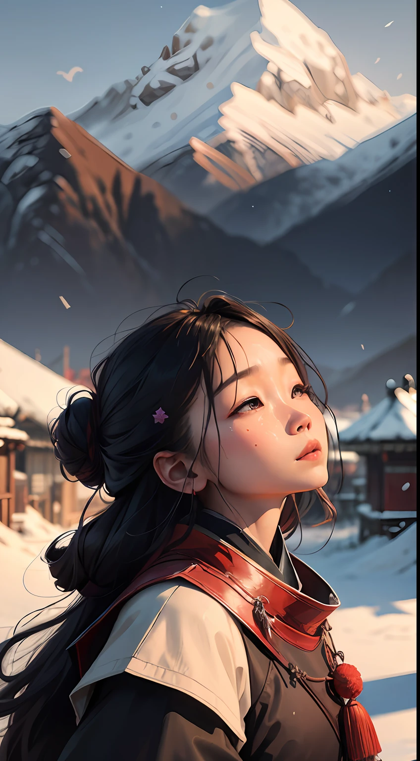 Even with a red face, There are thousands of disasters,
It is difficult to quench the sorrow of the king's heart,
The peak of Qingfeng Mountain outside the mountain,
The sunset is silent,The starry night never sleeps,
A glimpse of hallucinations,
The end of a song is a mixture of sadness and joy,
Between sunsets and days outside,
Plum blossoms are quiet and independent, and spring is cold。(Outdoor view:1.5),A young woman in ancient China stands sideways,Dressed in blue ancient costume,中景 the scene is,vale,rios,blue-sky,Flying birds,Falling leaves,The setting sun shines through the clouds,Mountains stretch in the distance,at winter season,(Very detailed perfect face description)。(tmasterpiece),(Best picture quality),(Very detailed and uniform picture),(8k wallpaper),(Chinese folk style painting),(Watercolor style painting),(light and shadow effect),Obvious image hierarchy,realisticlying,Inspired by::Song《Empty Valley Orchid》,Ray rendition