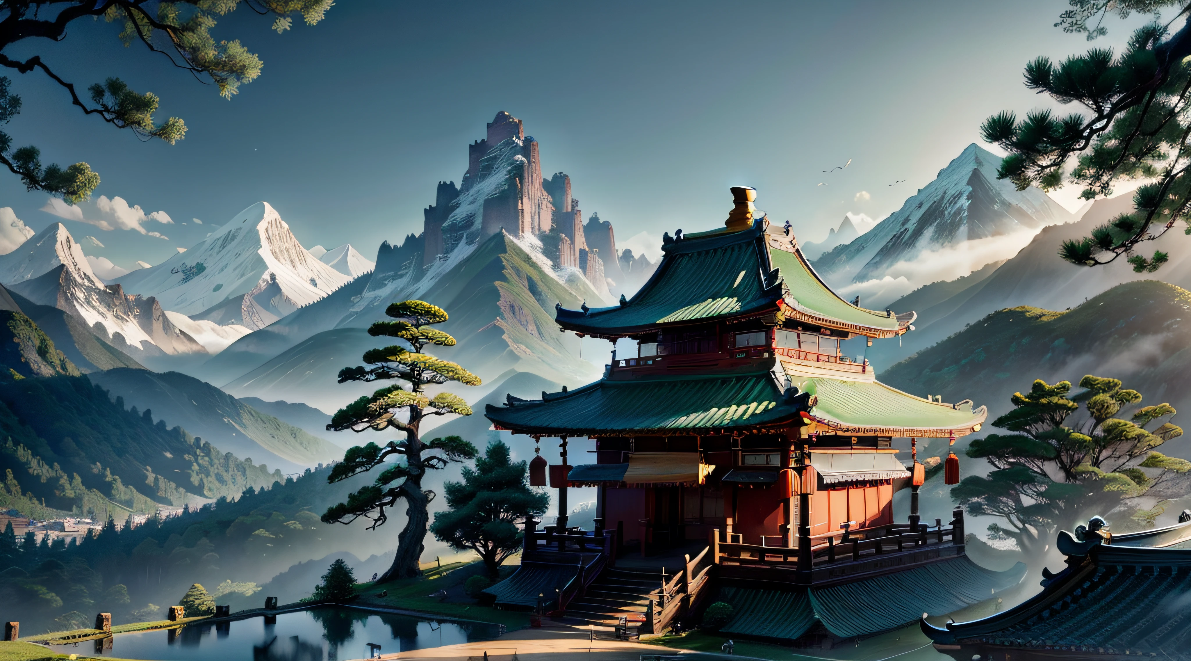 temple、Temple、deep mountain、mountain ranges、Look up、abstracted、Animate、4k、zen feeling、aethereal、A deep、dense、the woods、tussock、sunlights、refractions、China-style、whimsically、delamination、downy