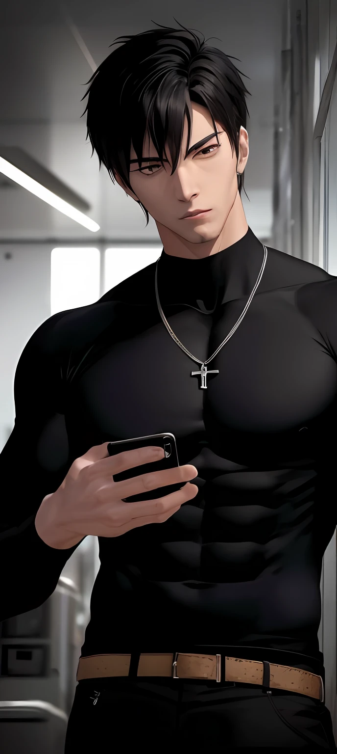 Close-up of a man in a black shirt holding a cell phone, epic 8 k hd anime shot, anime opening, Anime style. 8K, Anime handsome man, muscular male hero, Epic anime style, anime cgi style, 8K anime, pin on anime, Handsome anime pose, low quality video, High quality anime art style, 4 k anime long legs,Big breasts, Abs, musculature, Panty big bag, Lust gay uncle panties, lust gay uncle big bag panties