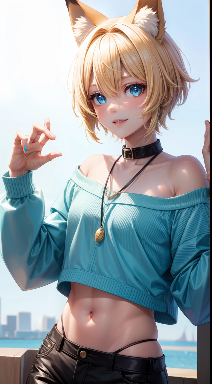 Young guy, short blonde hair, Fox ears, Cyan eyes, pop-idol, ssmile, Masterpiece, hiquality