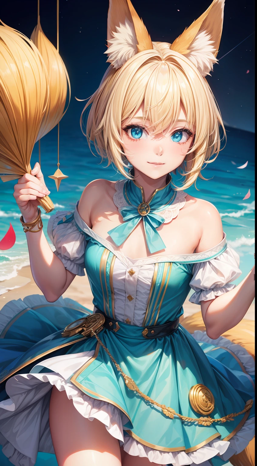 Young guy, short blonde hair, Fox ears, Cyan eyes, pop-idol, ssmile, Masterpiece, hiquality