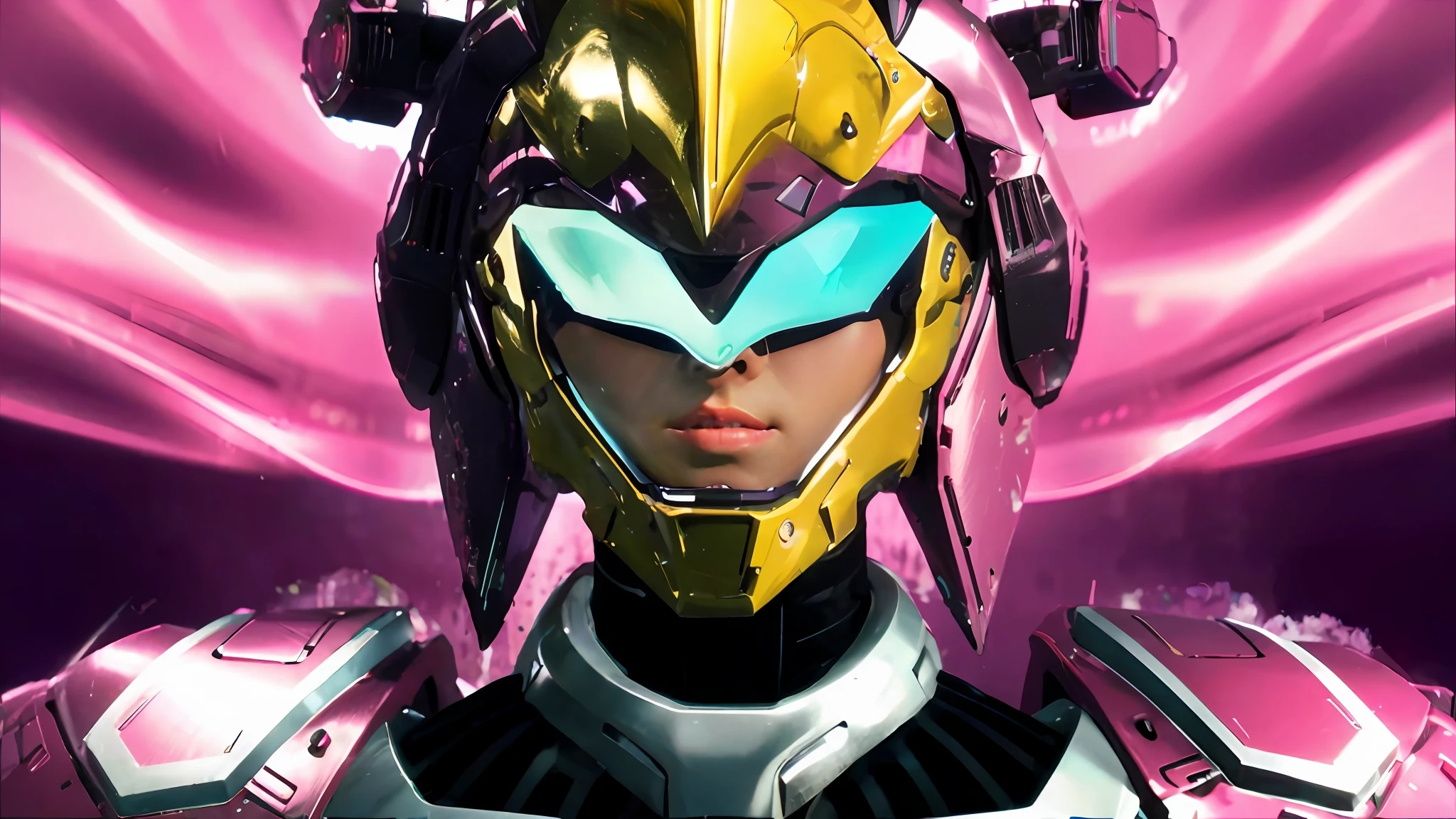 Realiy,photorealestic,Machinary,mechs,Technologie,musculous,Glow-emitting eye patch,Burly body,style of photography,Real scenery(Metallic texture 1.8)(Excess detail 2)(High resolution1.6)(4K clarity1.9)(Carbon fiber 1.5)(Metal reflection 1.5),Neon lights,obi strip(1:1),The lower half of a woman's face
