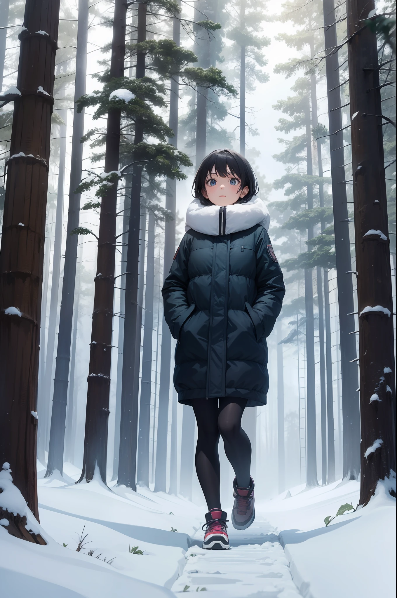 A girl walks in a forest under a blizzard,high high quality,tmasterpiece,Helpless loneliness,in style of hayao miyazaki