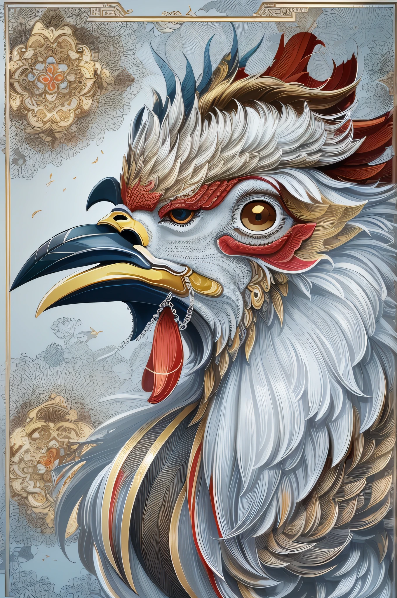 (White background:1.4),(Symmetrical:1.5),(Masterpiece rooster head, Intermediate symmetry, Oriental elements),(China - chic illustration:1.2, Vector painting:1.4),(Chinese colors,senior color matching),( reasonable design, Clear lines, High sharpness,Best quality, Very detailed, Masterpiece, offcial art, movie light effect, 4K )