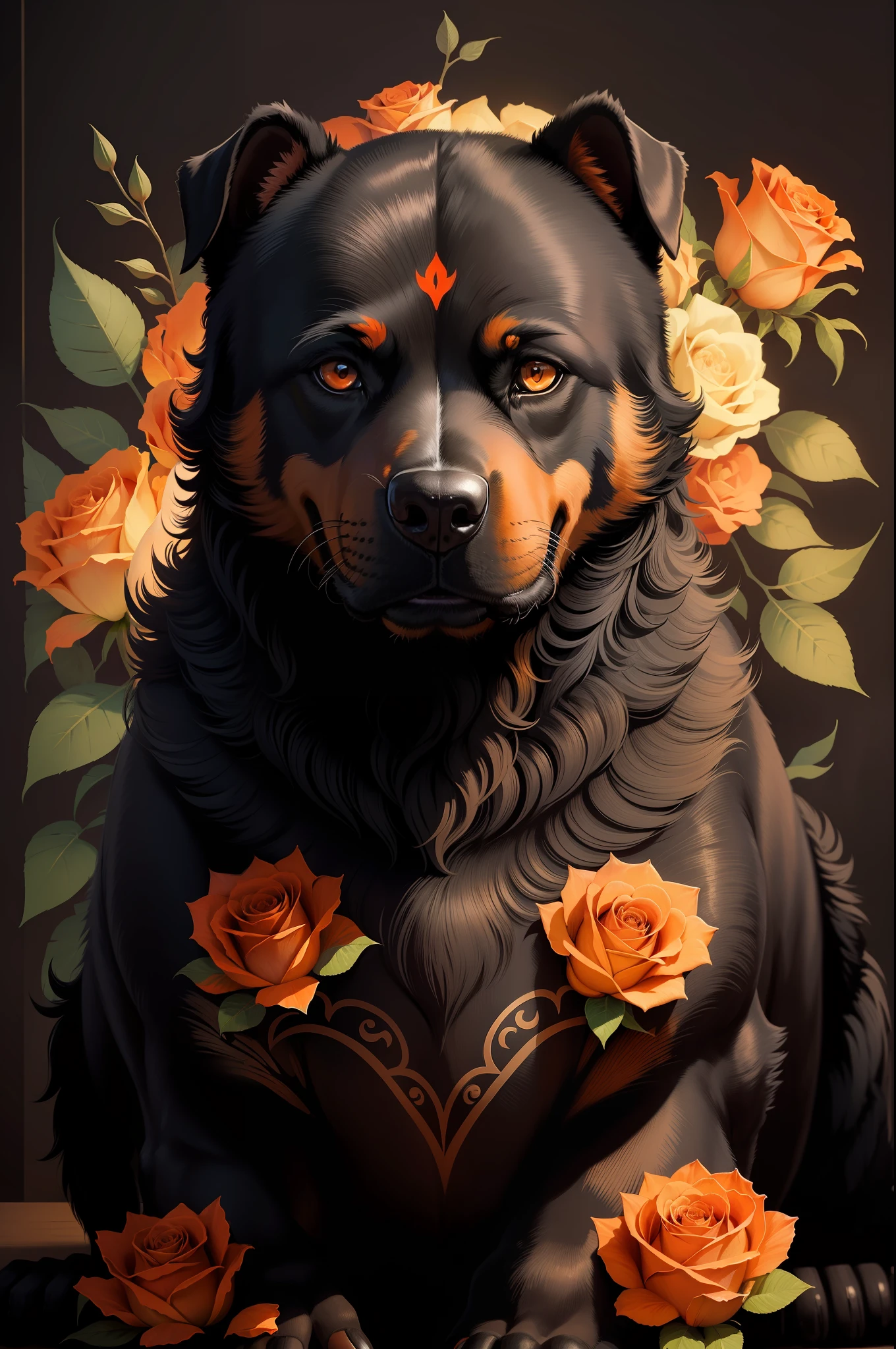 A tattoo-style illustration of a black Rottweiler with orange eyes and roses around it on a black background.