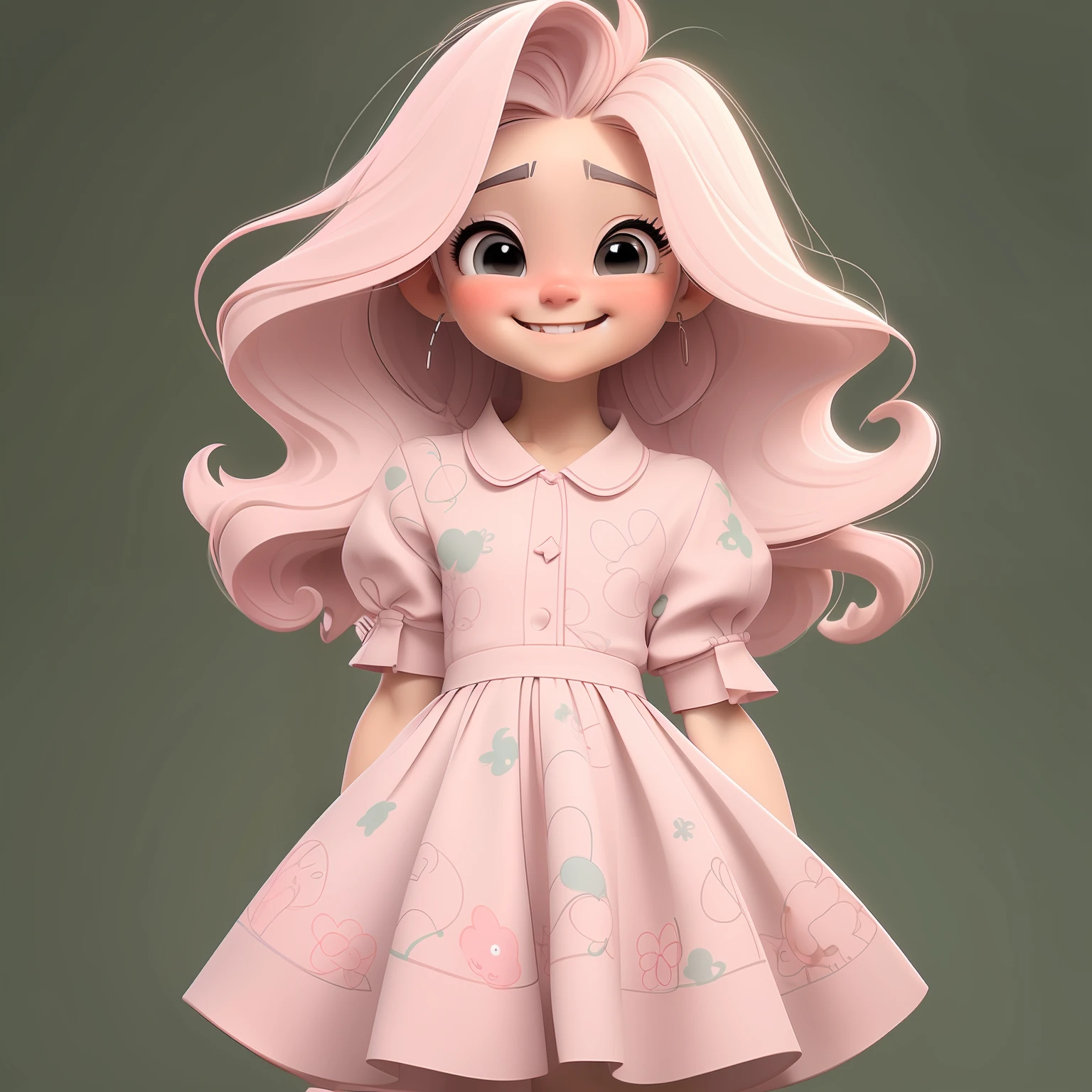 1menina, solo, cabelo longo, olhos pretos, cabelo escuro encaracolado, sorriso, brincos, pijamas, mangas curtas, joias, mangas inchadas, olhando para o espectador, vestido, mangas curtas inchadas, parte total do corpo, fundo simples, vestido, kalap, fundo preto, blush,