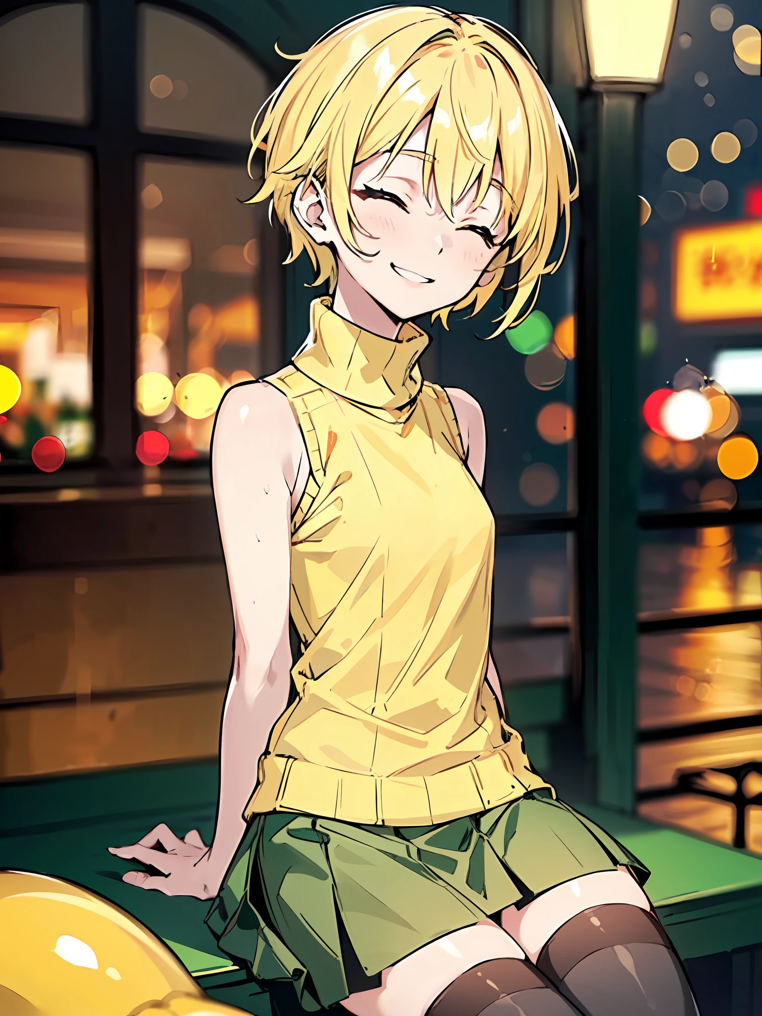 ((masterpiece)), ((pale skin)), (bokeh effect), (dynamic angle), (blurry background:1.3), sharp eyes, (solo:1.2), (female:1.1), (blonde:1.1), (yellow sweater:1.5), (green short skirt:1.5), (short hair:1.1), bare shoulders, (black thighhighs:1.2), (sleeveless:1.2), (turtleneck:1.2), (smile:1.2), (closed eyes:1.3)