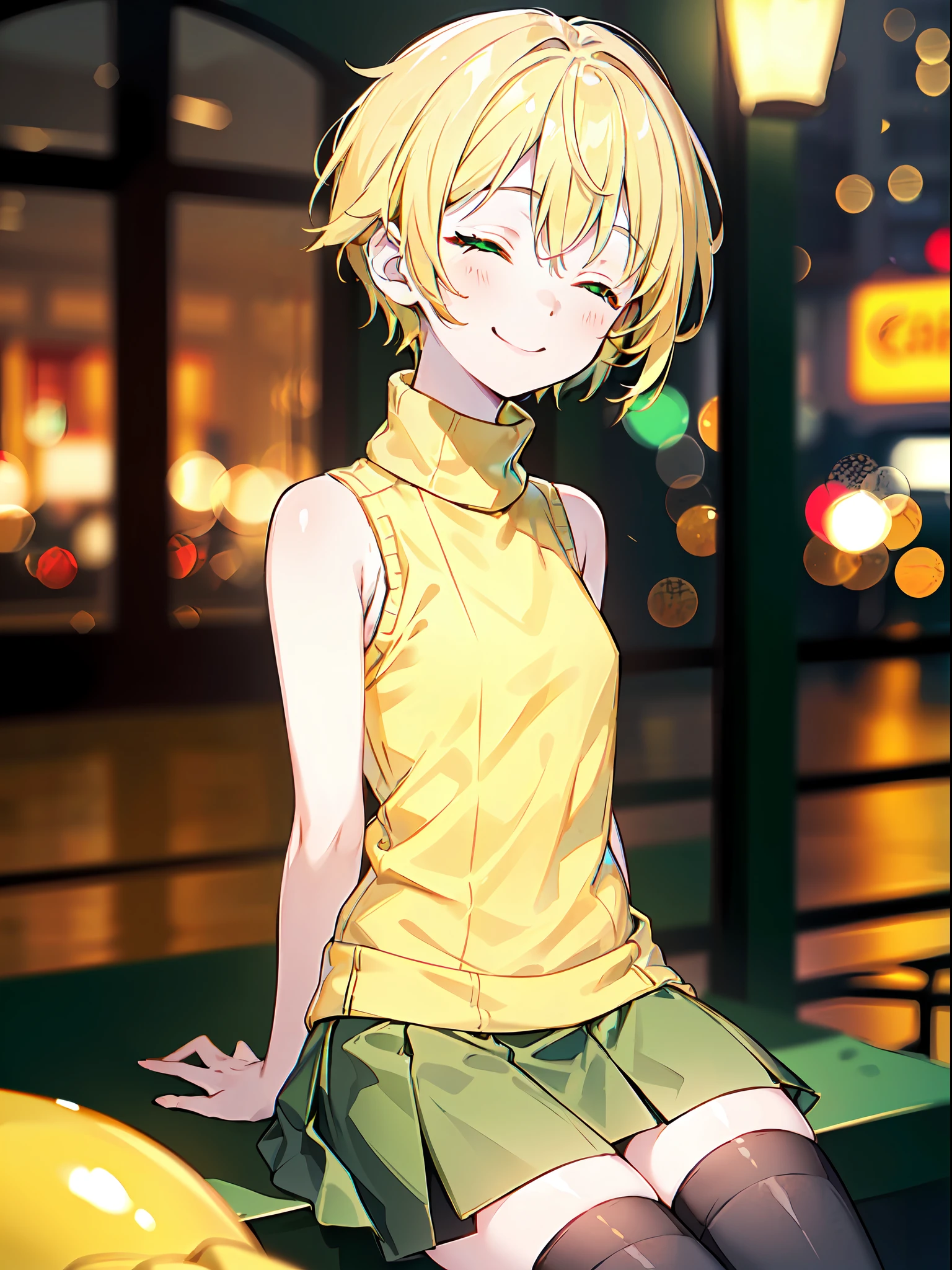 ((masterpiece)), ((pale skin)), (bokeh effect), (dynamic angle), (blurry background:1.3), sharp eyes, (solo:1.2), (female:1.1), (blonde:1.1), (yellow sweater:1.5), (green short skirt:1.5), (short hair:1.1), bare shoulders, (black thighhighs:1.2), (sleeveless:1.2), (turtleneck:1.2), (smile:1.2), (closed eyes:1.3)