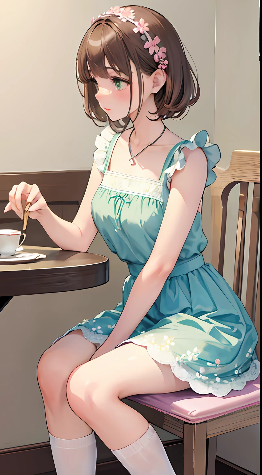 masterpiece, best quality,kinomoto_sakura, girly style, lace dresses, pastel colors, floral prints, high-waisted skirts, ballet flats, delicate accessories, cafe, indoors, high tea, sit down, table,.a young beautiful girl, green eyes, brown short hair, ultra detailed, official art, unity 8k wallpaper, (fashion magazine cover:1.3), ..