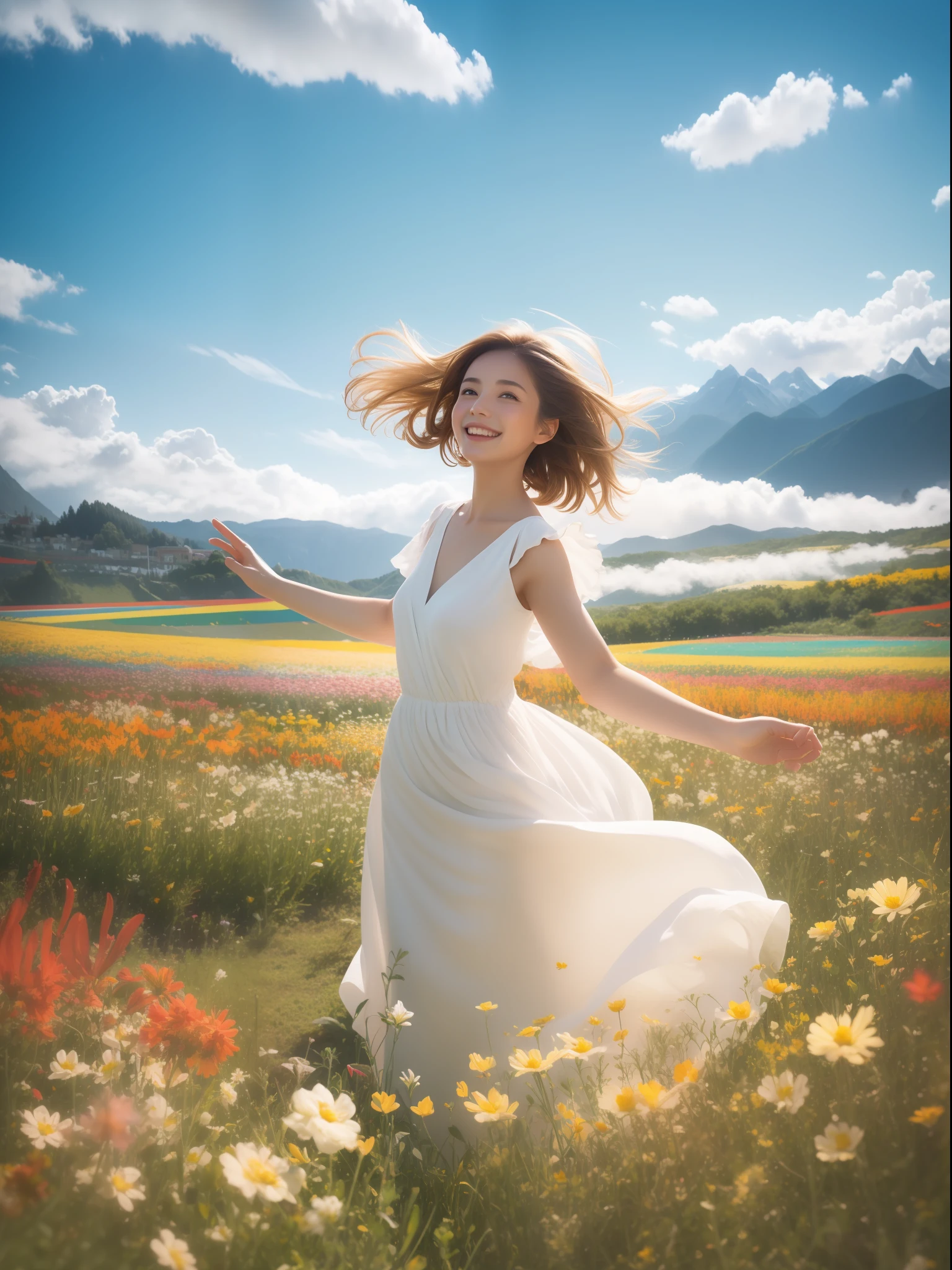 1girl, dynamic angle, cloud and mountain, (flower field:1.4) in the foreground, white dress, light tracing, (floating colorful wind:1)
(photorealistic:1.4), official art, unity 8k wallpaper, ultra detailed, beautiful and aesthetic, masterpiece,best quality, glowing skin, cinematic lighting, light smile