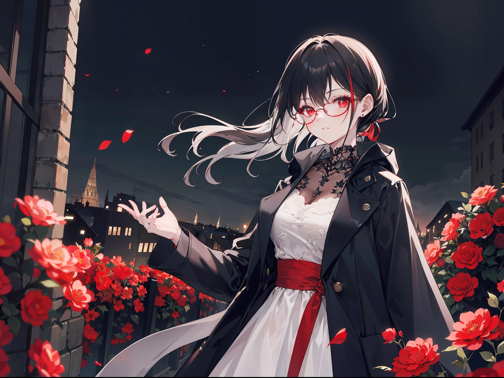 "4k night medieval city, dark atmosphere, there's a elegant mature woman, with black tied hair, glow red eyes and wears glasses, wears elegant black casual dress and coat, she look cool, she have red flower on her side hair"