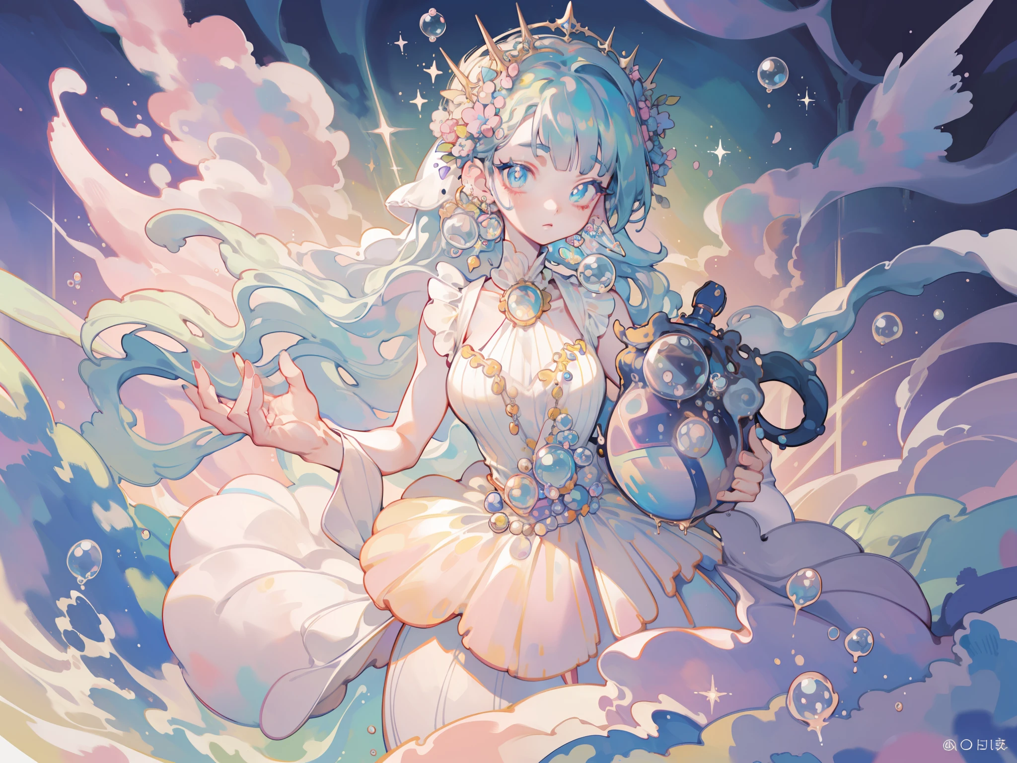 masterpiece, best quality, 8k resolution, sharp focus, intricate detail, beautiful girl, sparkling eyes, golden ratio face, otherworldly liquid, watercolor, ((pastel colors)), bright colors, whimsical, colorful, sharp focus, high resolution, fine detail, ((layered ballgown)), iridescent bubbles
