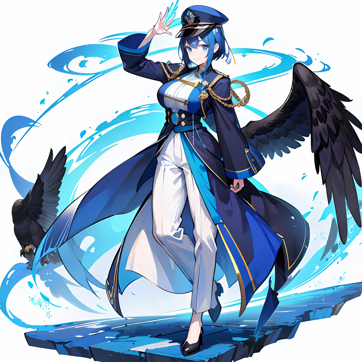 1个Giant Breast Girl，独奏，Five-headed body，short man，Light blue hijab，Black officer's cap，The black officer floated open his coat，Polite smile，blue color eyes，An eagle，Skysky，[White background 1：：5]，(full bodyesbian)，Two-dimensional style，Game stand up drawing style