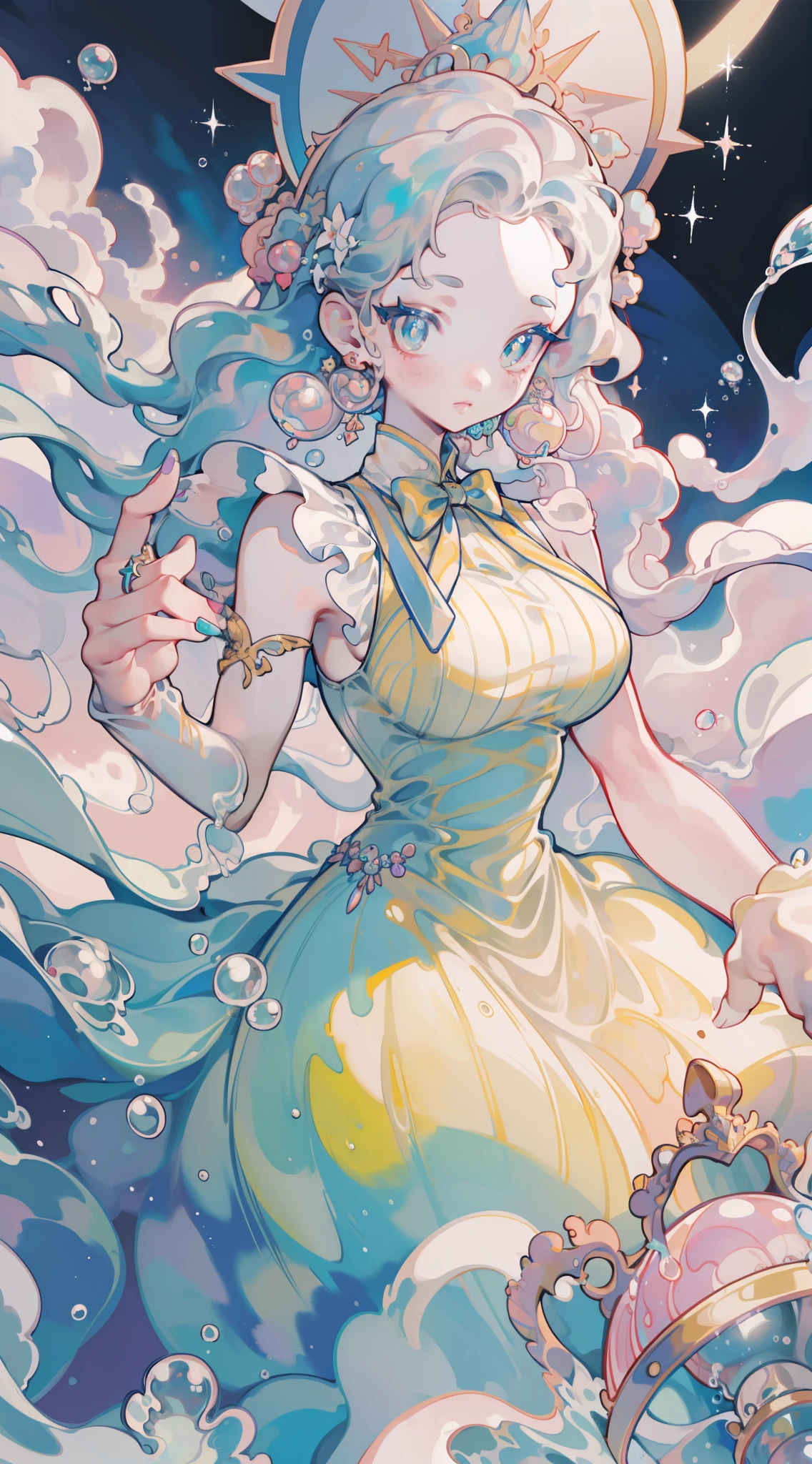 masterpiece, best quality, 8k resolution, sharp focus, intricate detail, beautiful girl, sparkling eyes, golden ratio face, otherworldly liquid, watercolor, ((pastel colors)), bright colors, whimsical, colorful, sharp focus, high resolution, fine detail, ((ballgown made of liquid)), iridescent bubbles