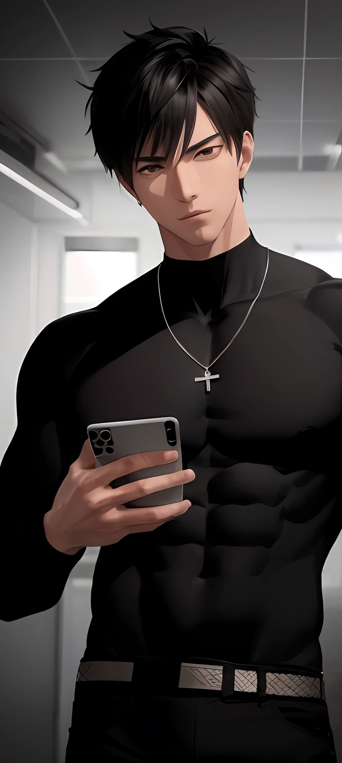 Close-up of a man in a black shirt holding a cell phone, epic 8 k hd anime shot, anime opening, Anime style. 8K, Anime handsome man, muscular male hero, Epic anime style, anime cgi style, 8K anime, pin on anime, Handsome anime pose, low quality video, High quality anime art style, 4 k anime long legs,Big breasts, Abs, musculature, Panty big bag, Lust gay uncle