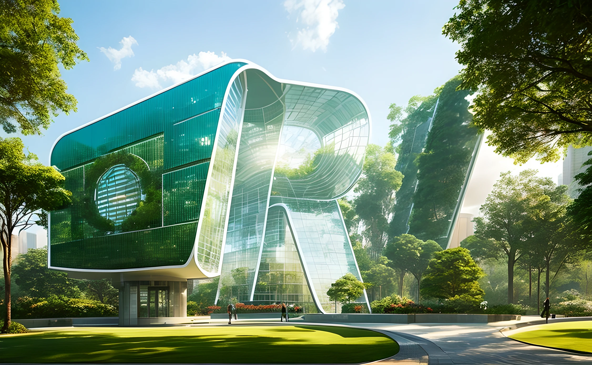 a futuristic style building in the shape of the letter R, Details in glass and solid bricks, Kiosk scenery in the middle of nature,, (imagem hiperrealista:1.2),