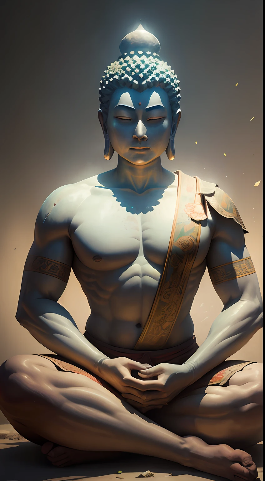 Buddha statue mural,had his hands folded,(The murals are brightly colored,Sin embargo, It is slightly corroded by the environment),(8k wallpaper),(Ancient Chinese folk painter painting style),(Watercolor style painting),(Noticeable light and shadow effects),(Ray traching),(There is light particle tracing),(Fantasy mythological style),style of surrealism,(Extremely expressive drawing technique),Creative inspiration:Dunhuang murals,RAY