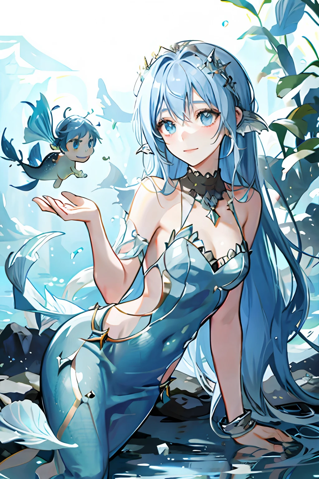 Nasida,Blue fish tail,Deep in the sea,ssmile,There is a blush on the face,the original god,quadratic element,mermaids