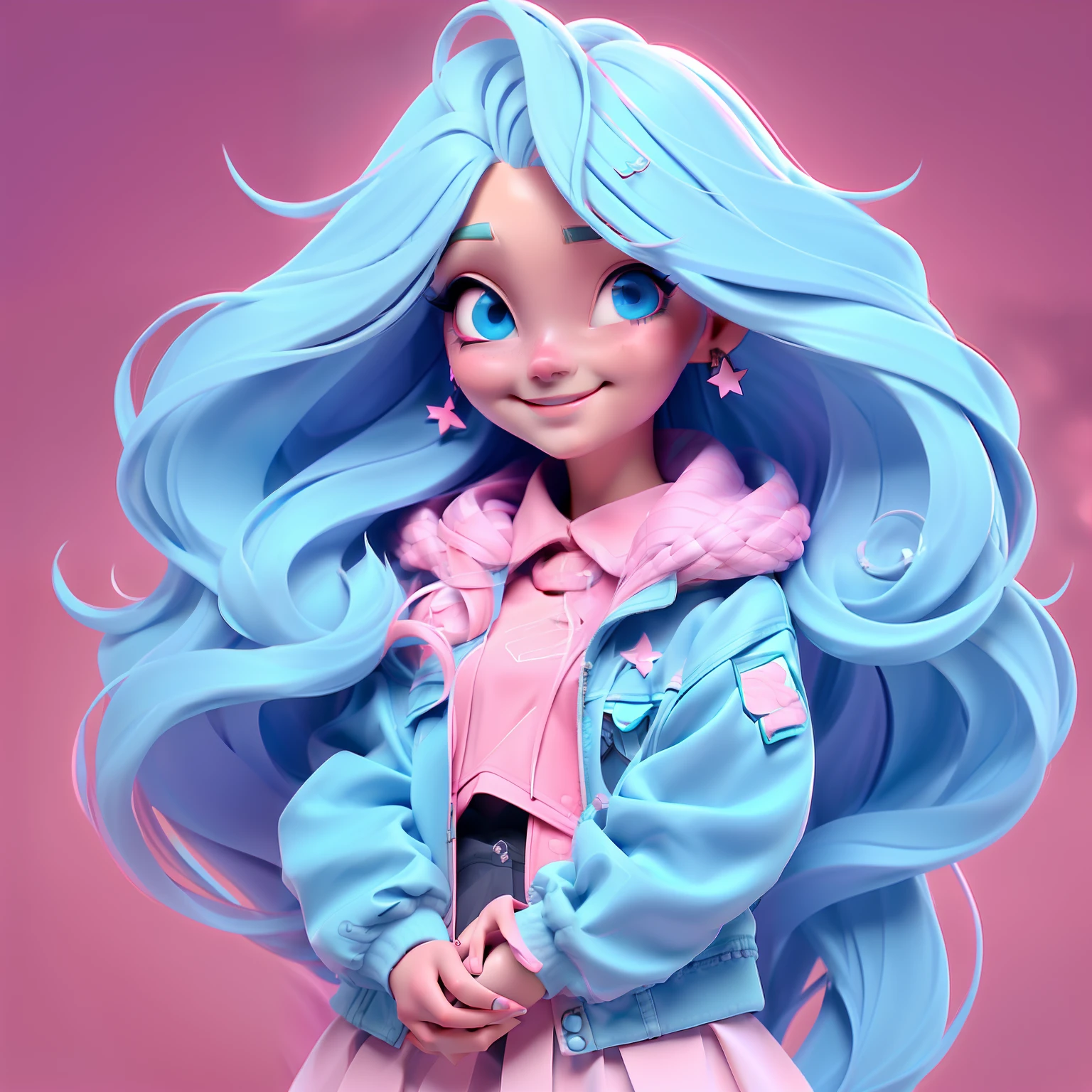 1girl, long hair,  blue eyes, earrings, jewelry, solo, skirt, looking at viewer,  PINK hair, smile, very long hair,star hair ornament, jacket, lips, simple background
