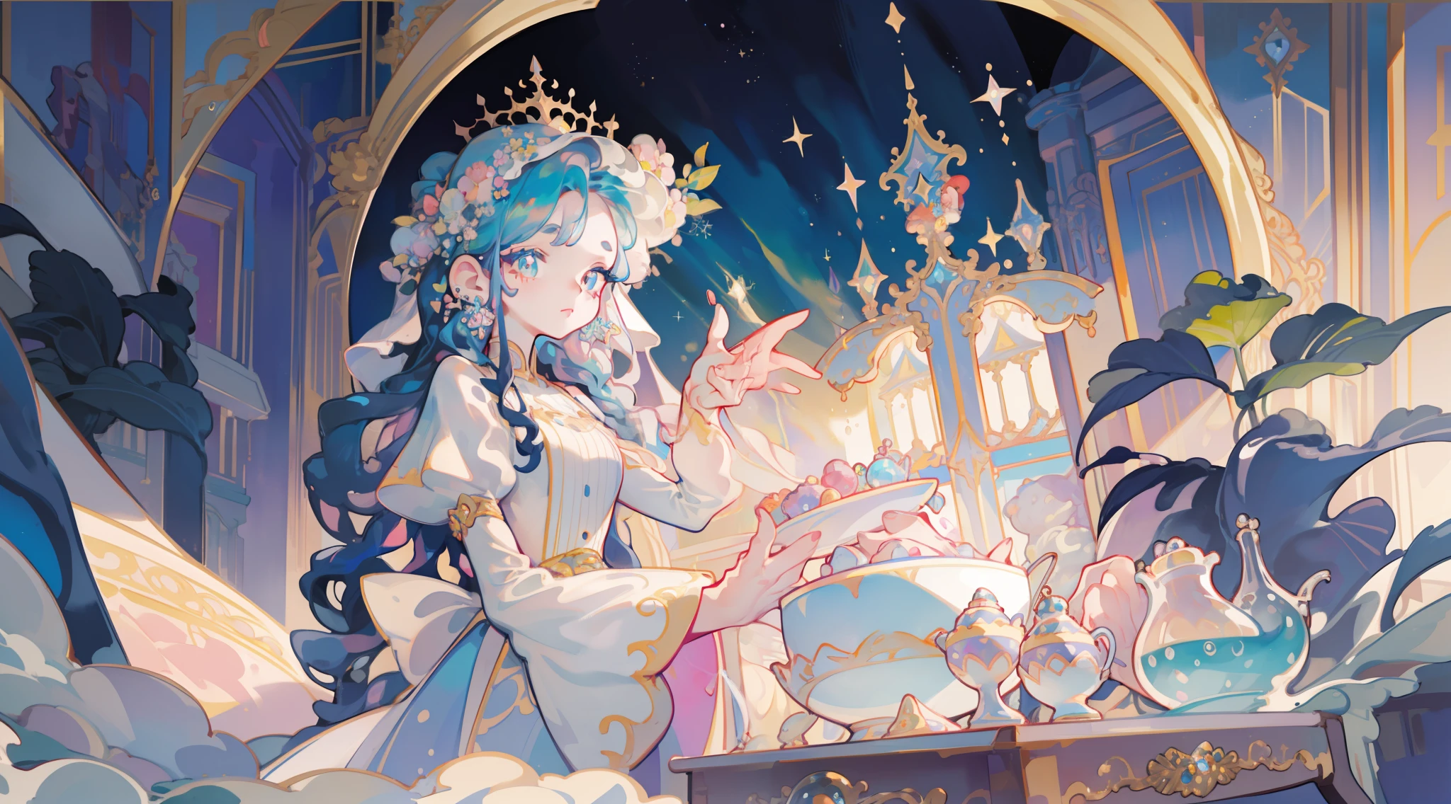 masterpiece, best quality, 8k resolution, sharp focus, intricate detail, beautiful girl, sparkling eyes, golden ratio face, otherworldly liquid, watercolor, ((pastel colors)), bright colors, whimsical, colorful, sharp focus, high resolution, fine detail, intricately detailed layered ballgown, ((round eyes)), iridescent bubbles, castle landscape in background