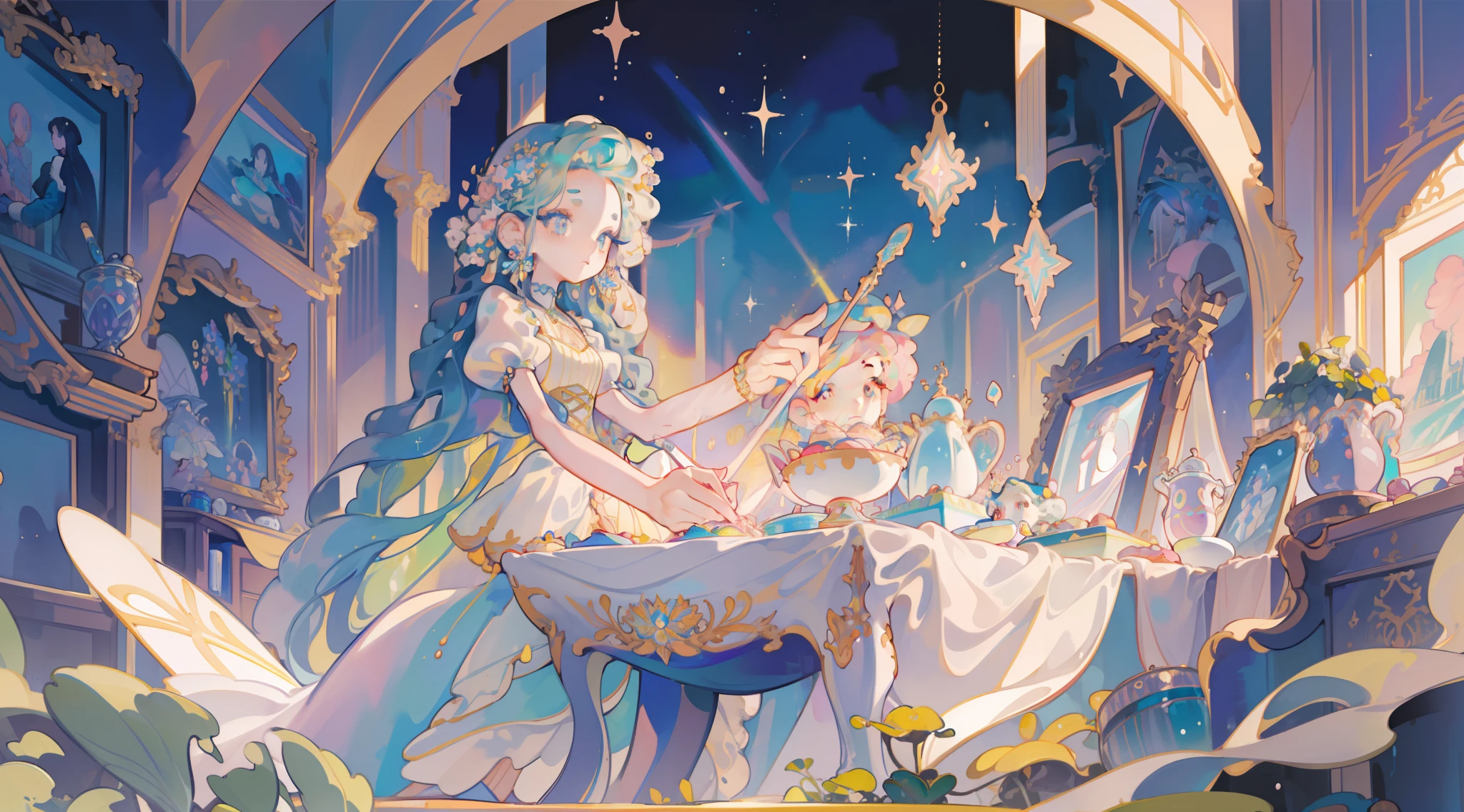 masterpiece, best quality, 8k resolution, sharp focus, intricate detail, beautiful girl, sparkling eyes, golden ratio face, otherworldly liquid, watercolor, ((pastel colors)), bright colors, whimsical, colorful, sharp focus, high resolution, fine detail, intricately detailed layered ballgown, ((round eyes)), iridescent bubbles, castle landscape in background