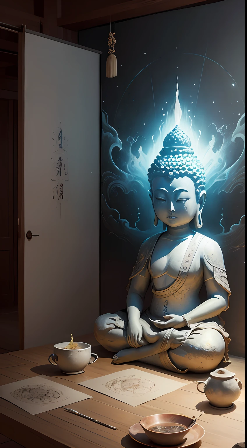 Buddha statue mural,Handheld magic weapon,(The murals are brightly colored,Sin embargo, It is slightly corroded by the environment),(8k wallpaper),(Ancient Chinese folk painter painting style),(Watercolor style painting),(Noticeable light and shadow effects),(Ray traching),(There is light particle tracing),(Fantasy mythological style),style of surrealism,(Extremely expressive drawing technique),Creative inspiration:Dunhuang murals,Ray